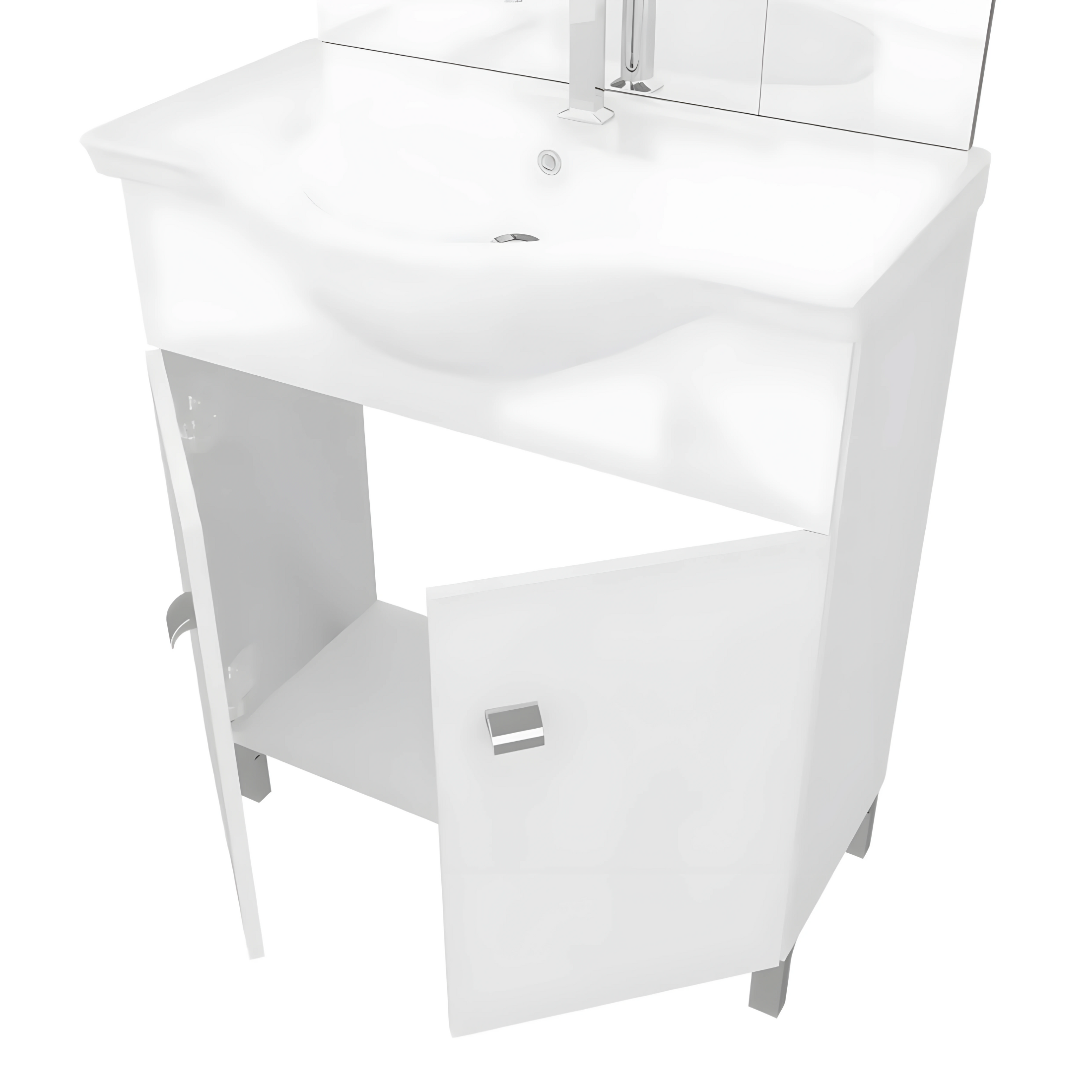 "Kiro" bathroom furniture in melamine with a glossy white finish, built-in ceramic sink and mirror