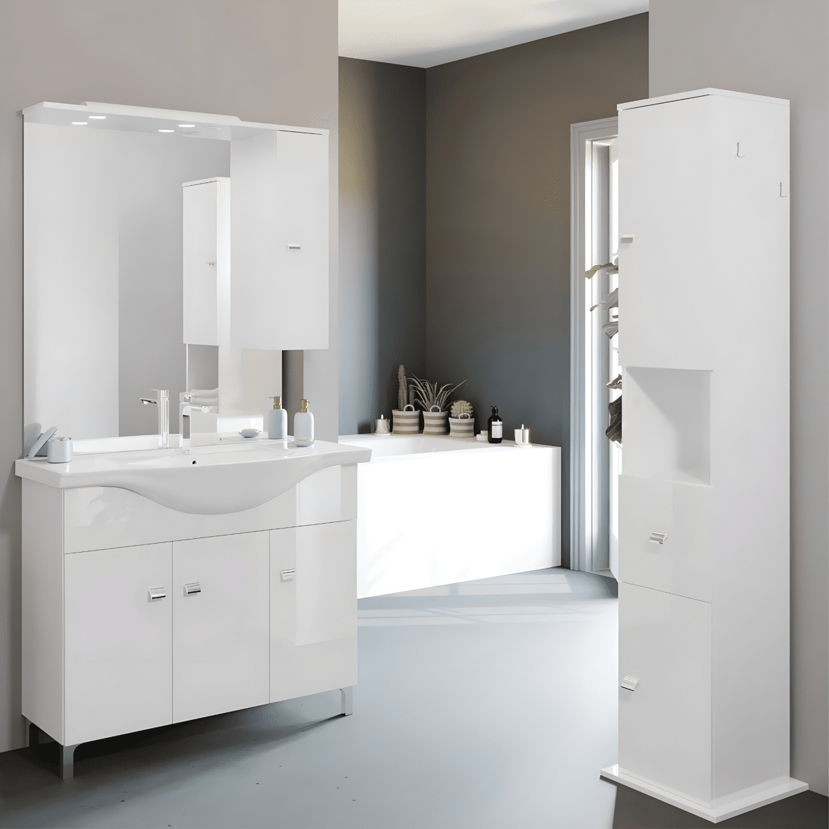 Mobili bagno "Kiro" in nobilitato con finitura bianco lucido , lavabo in ceramica da incasso e specchio - MondoViro