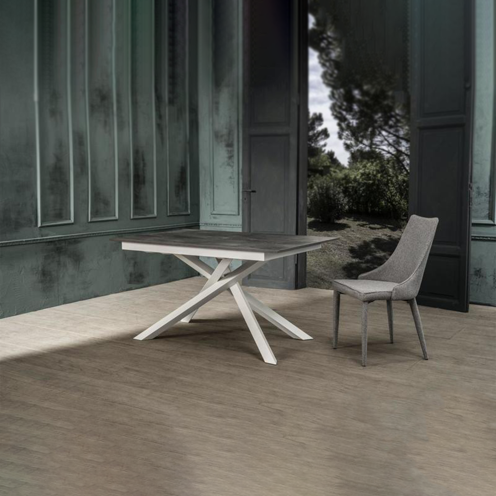 Mesa extensible moderna "Atene" con tablero de melamina y patas de metal pintado