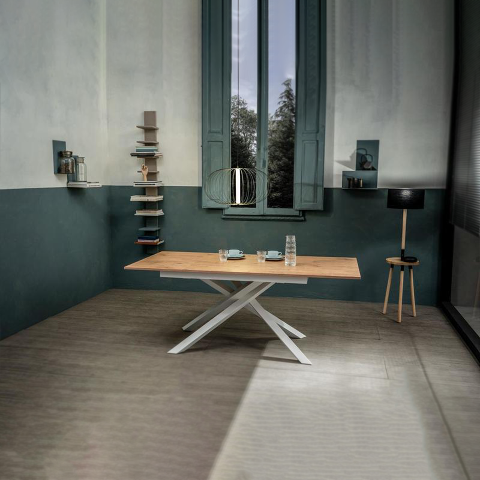 Mesa extensible moderna "Atene" con tablero de melamina y patas de metal pintado