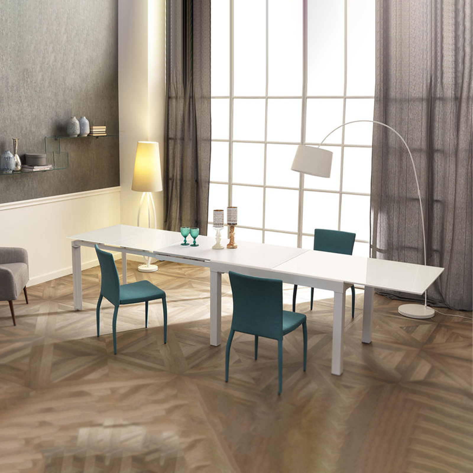 Extendable table "Rodi" glass top metal frame 10 seats cm 120/350x83 75h