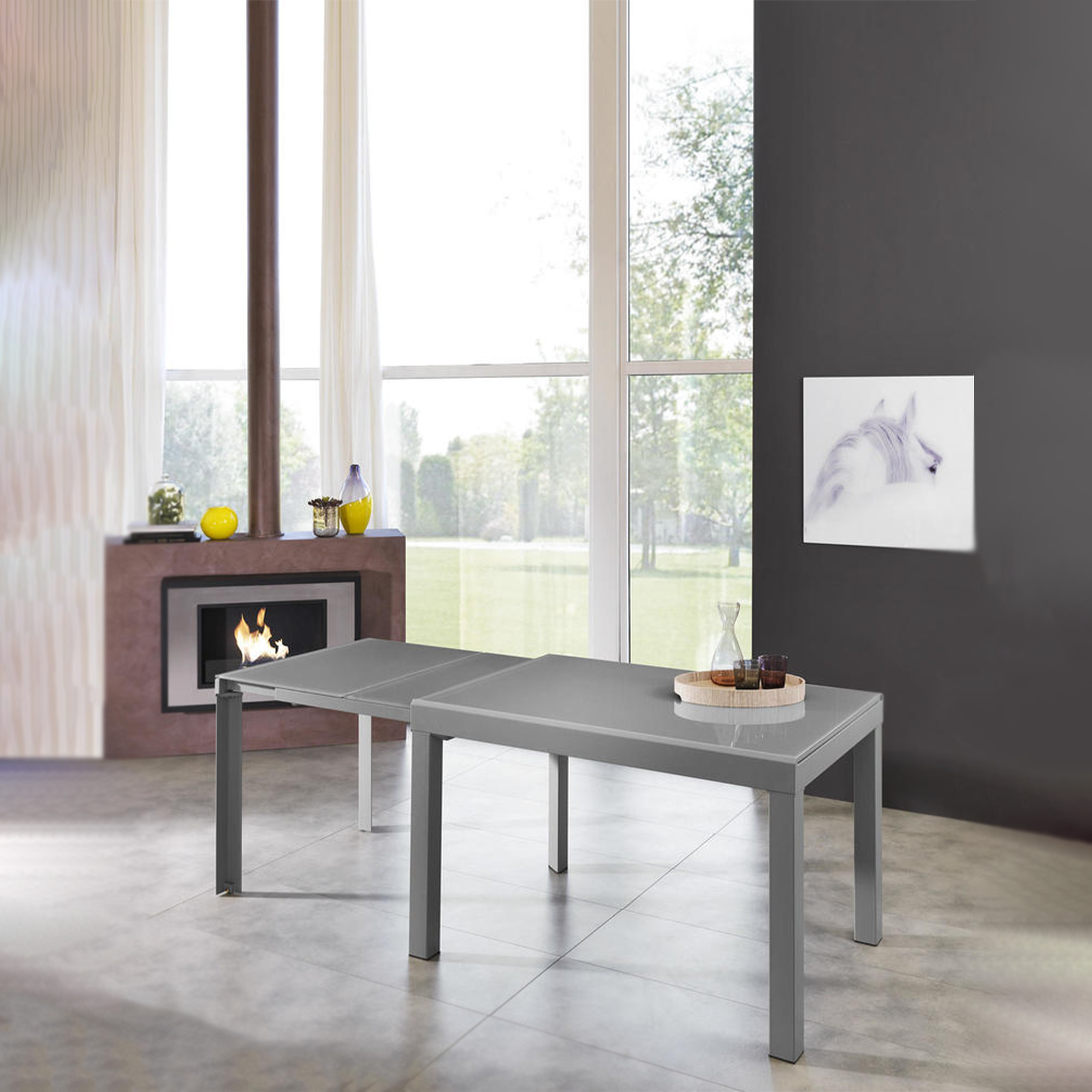 Extendable table "Rodi" glass top metal frame 10 seats cm 120/350x83 75h