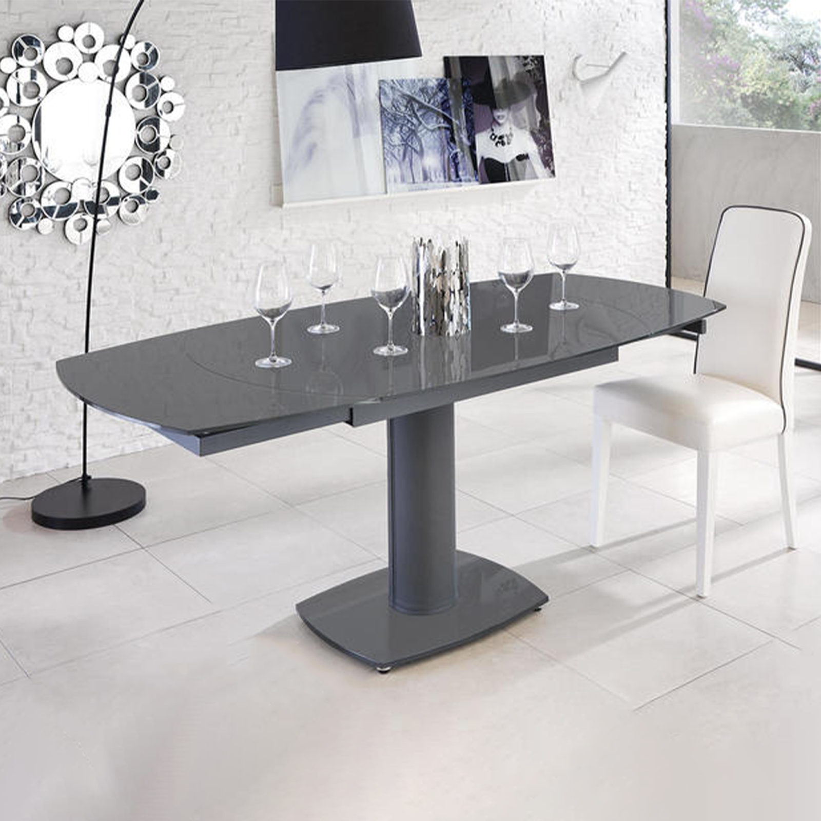 Extendable table "Bangkok" in textured glass with metal legs, 120/180x90 cm, 76h
