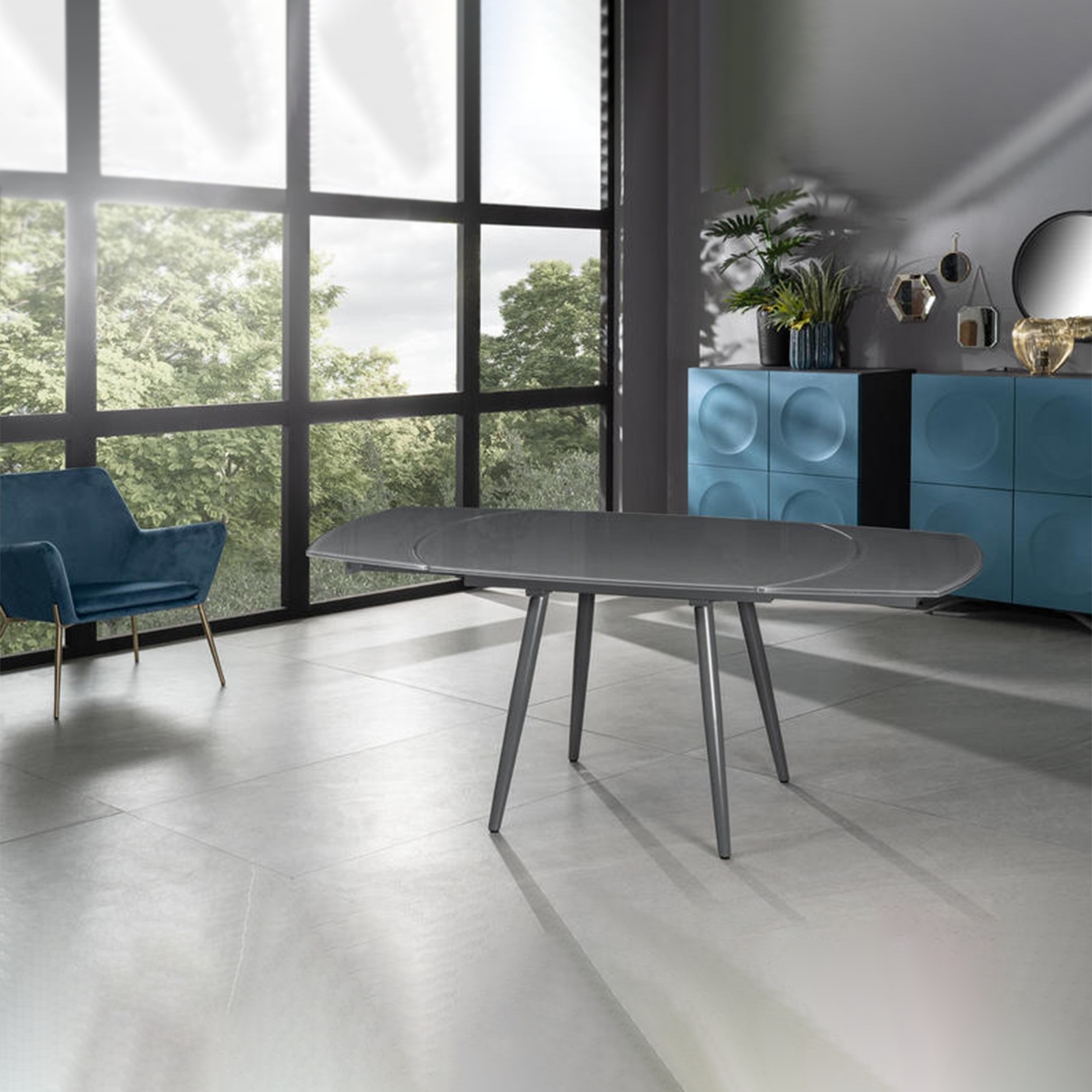 Extendable table in tempered glass "Giulietta" metal frame 120/180x90 cm 76h