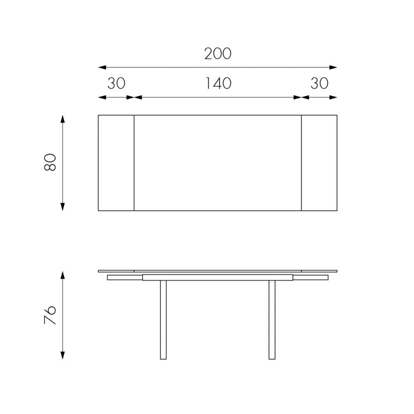 Extendable tempered glass table "Nathan" with metal legs, 140/200x80 cm, 76 cm high.