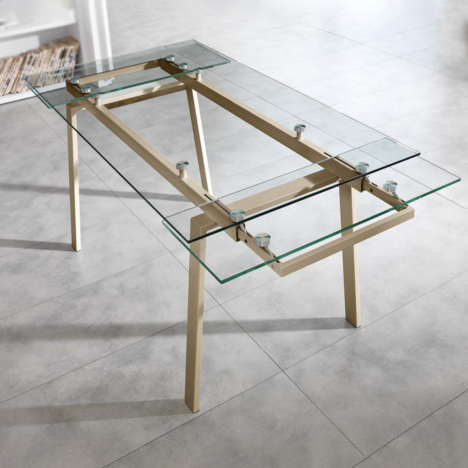 Extendable tempered glass table "Nathan" with metal legs, 140/200x80 cm, 76 cm high.