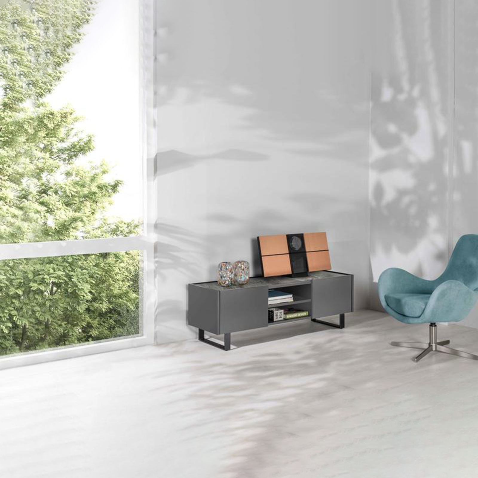 "Théo" TV stand with ceramic top, 2 doors and 2 open compartments, 140x40 cm, 45 cm high