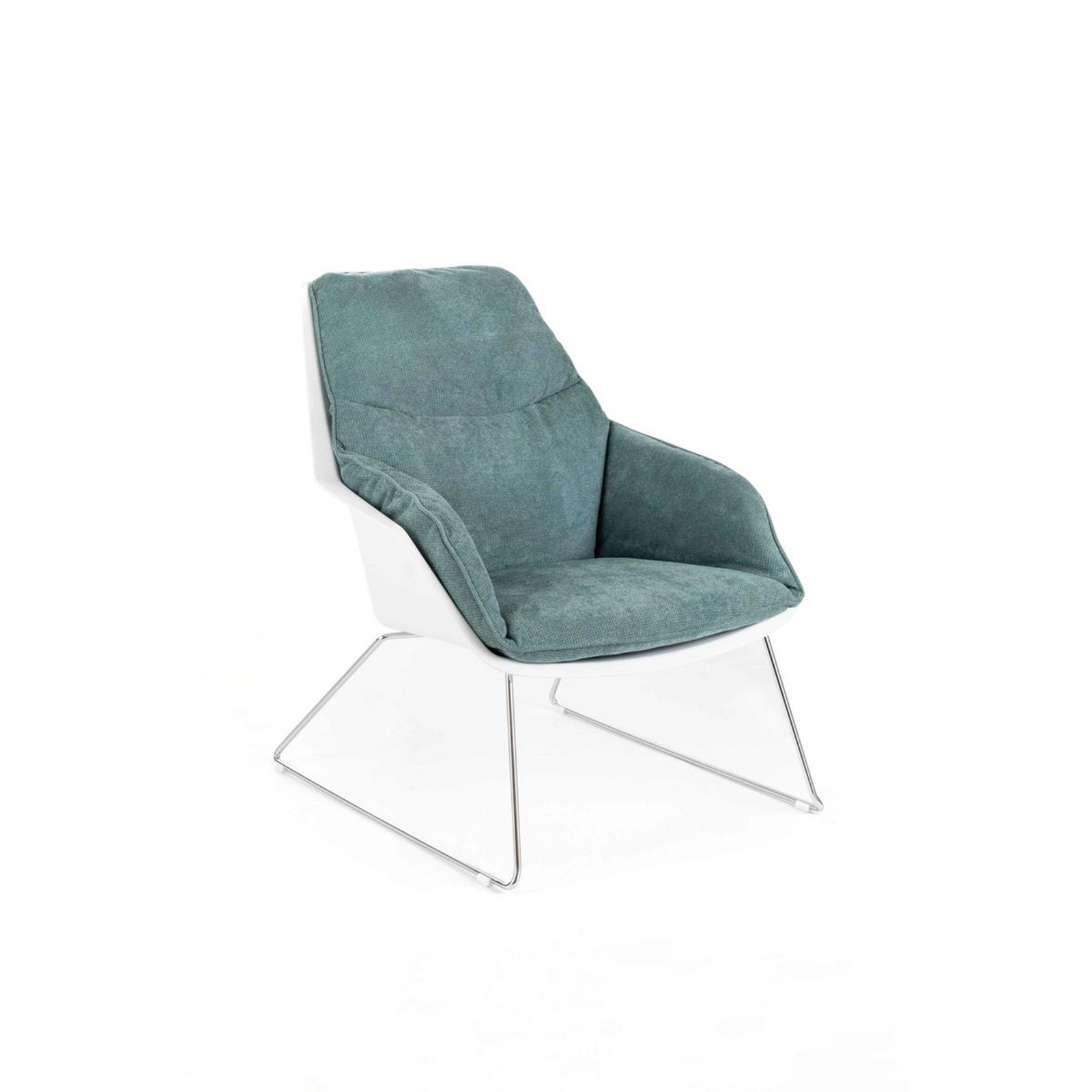 "Audrey" modern upholstered armchair in fabric with metal legs, 74x85 cm, 86 cm high.
