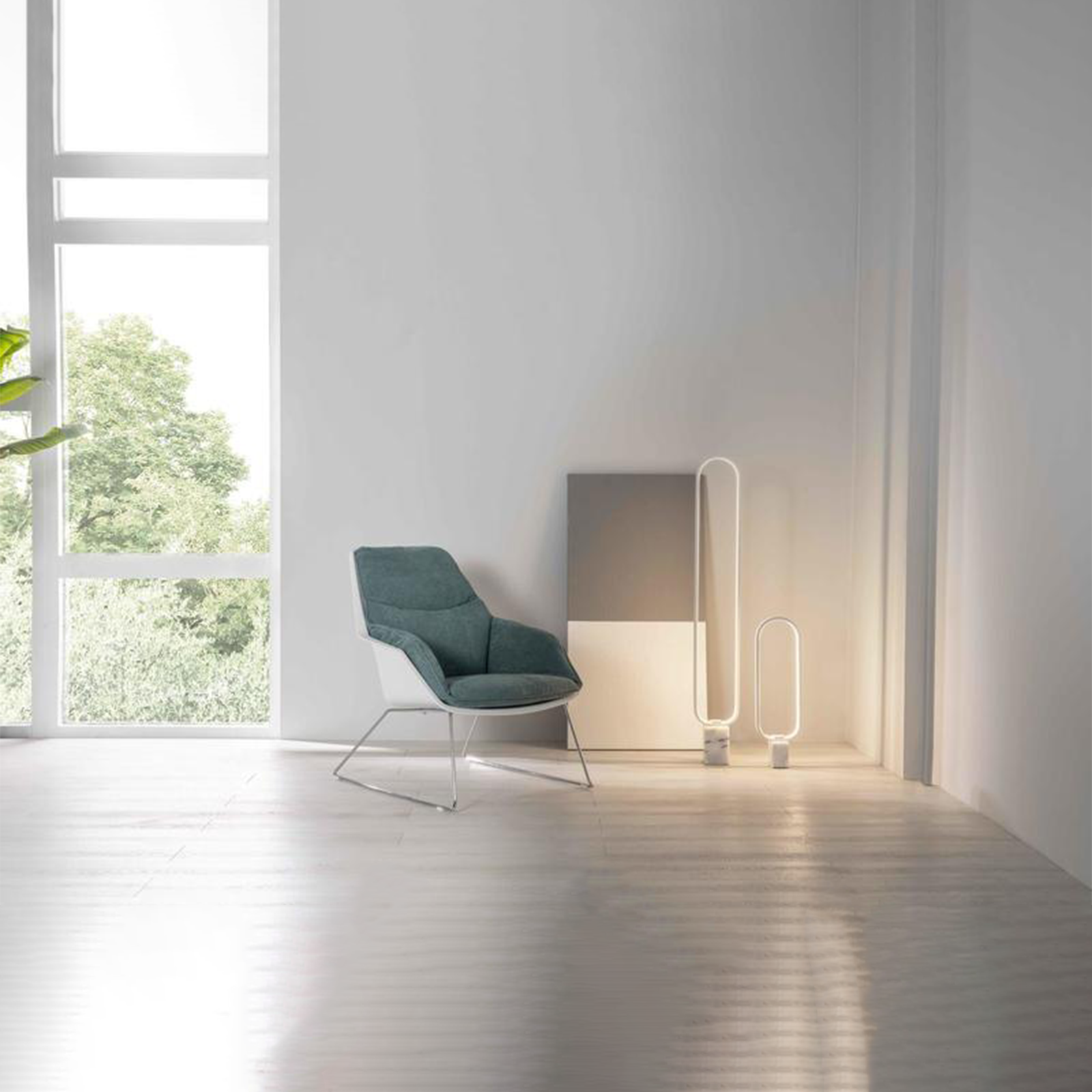 "Audrey" modern upholstered armchair in fabric with metal legs, 74x85 cm, 86 cm high.