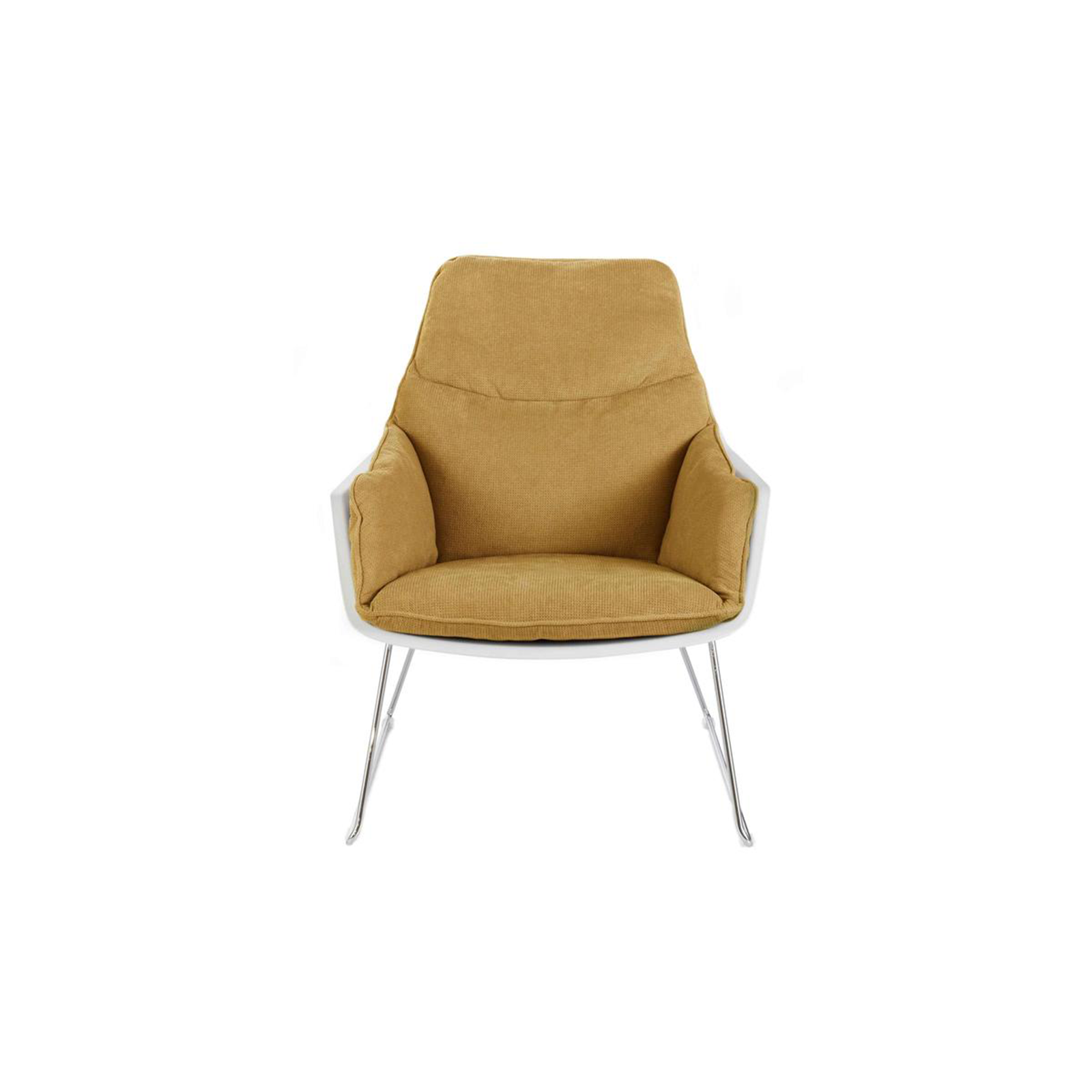 "Audrey" modern upholstered armchair in fabric with metal legs, 74x85 cm, 86 cm high.