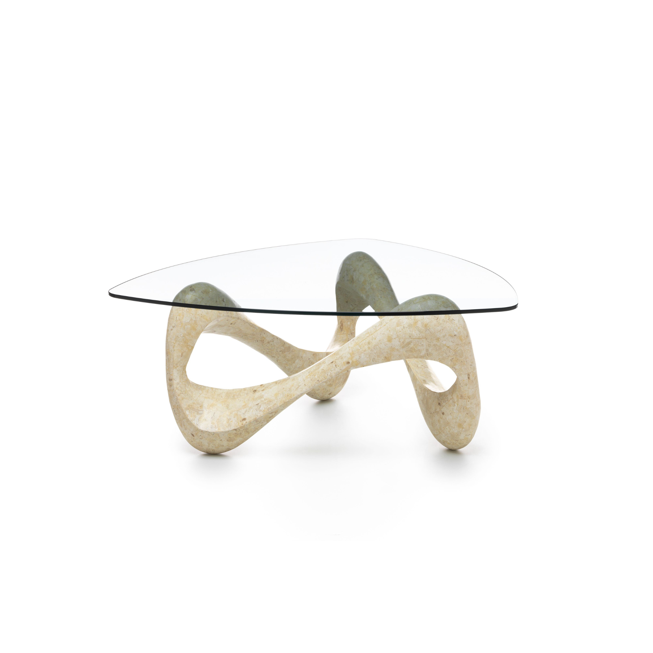 "Scarf" fossil stone coffee table with tempered glass top, 100x100 cm, 42.5 cm high.