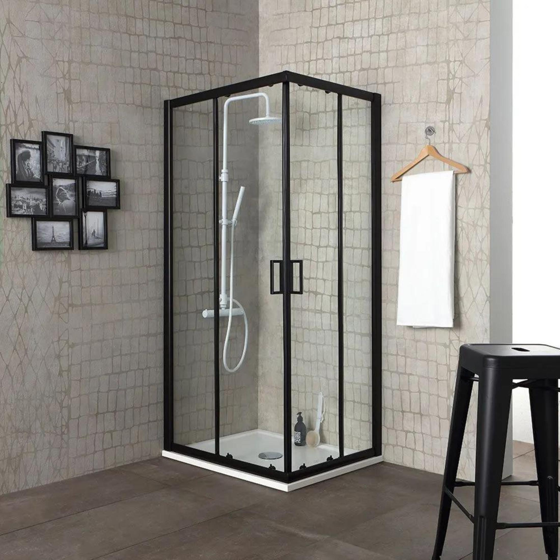 "Cielo" square shower enclosure in clear glass with matt black profile, height 190 cm