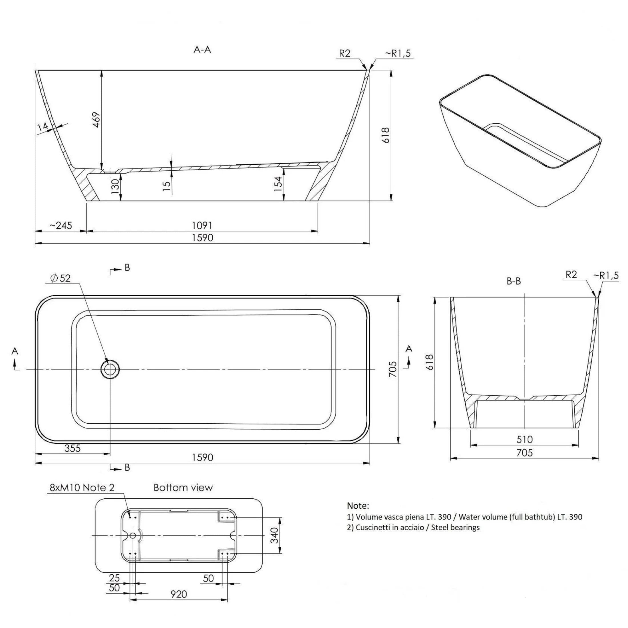 "Silvi" modern freestanding bathtub in glossy white marble 159x70.5 62h
