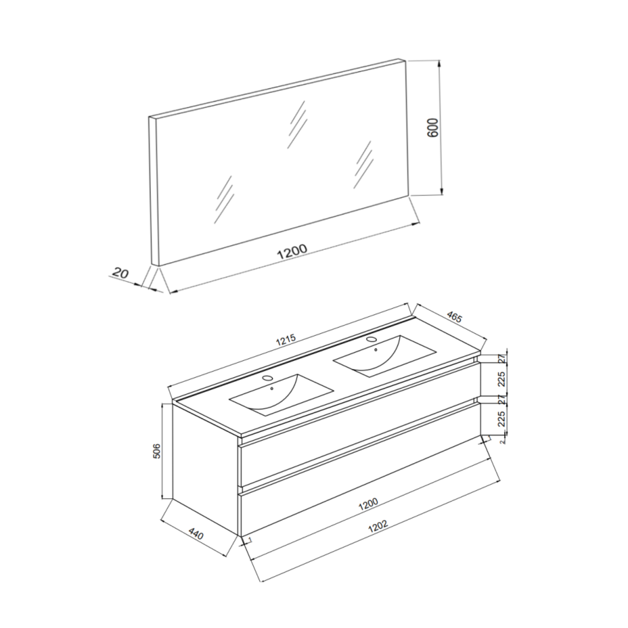 "Belize120" bathroom cabinet with double sink and two drawers in a white wood finish