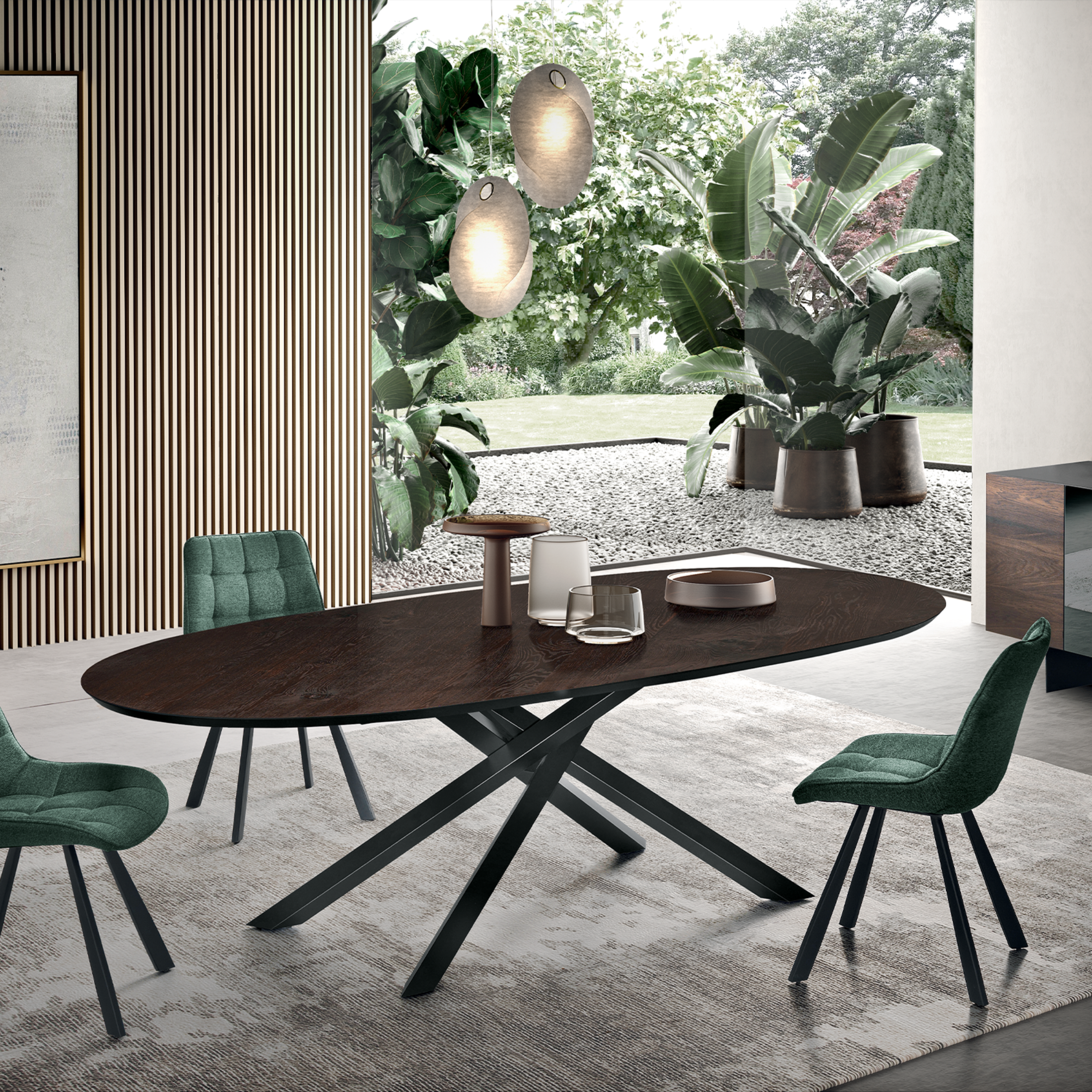 "Canyon" modern fixed dining table with metal base and oak top, 210x109 cm, 75 cm high