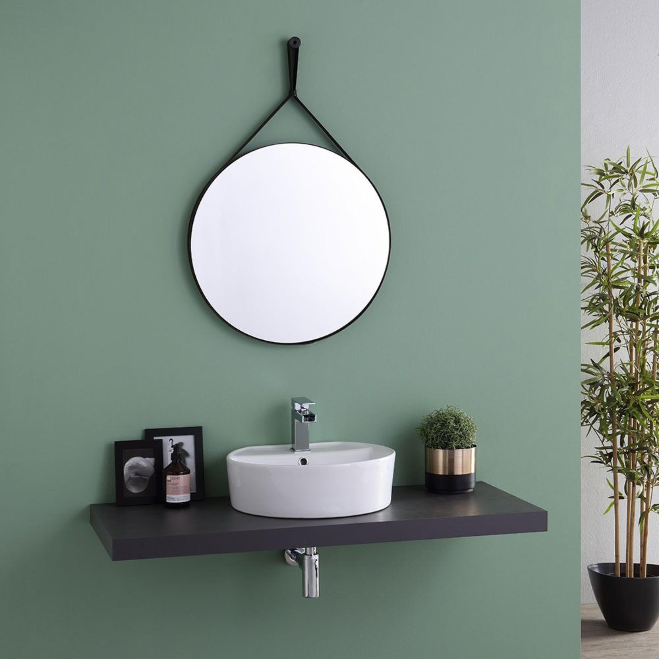 "Hillsboro" round bathroom mirror with black leather strap, 60x90 cm