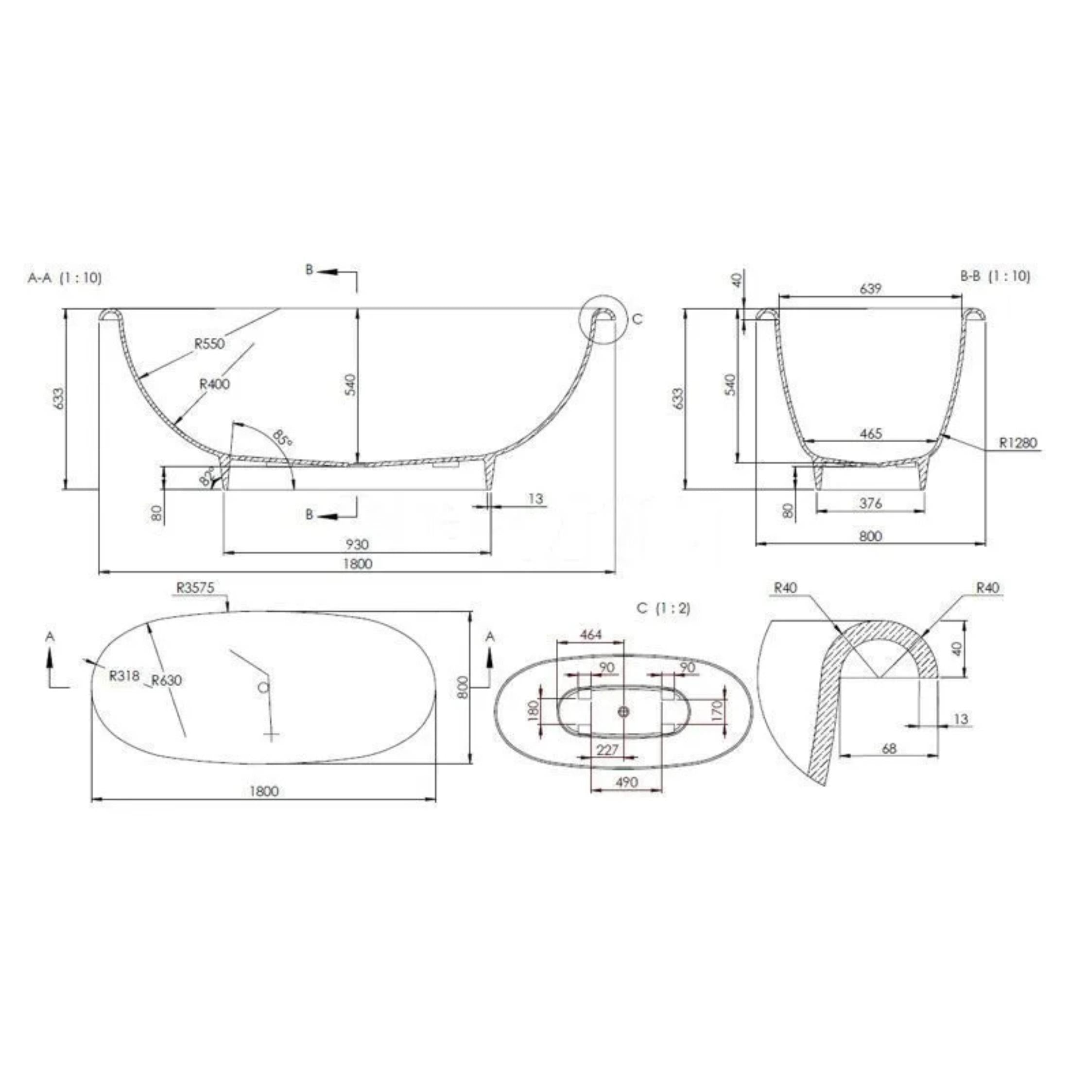 "Rossana" freestanding oval bathtub in recomposed marble, 181x80 cm, 63.3 cm high