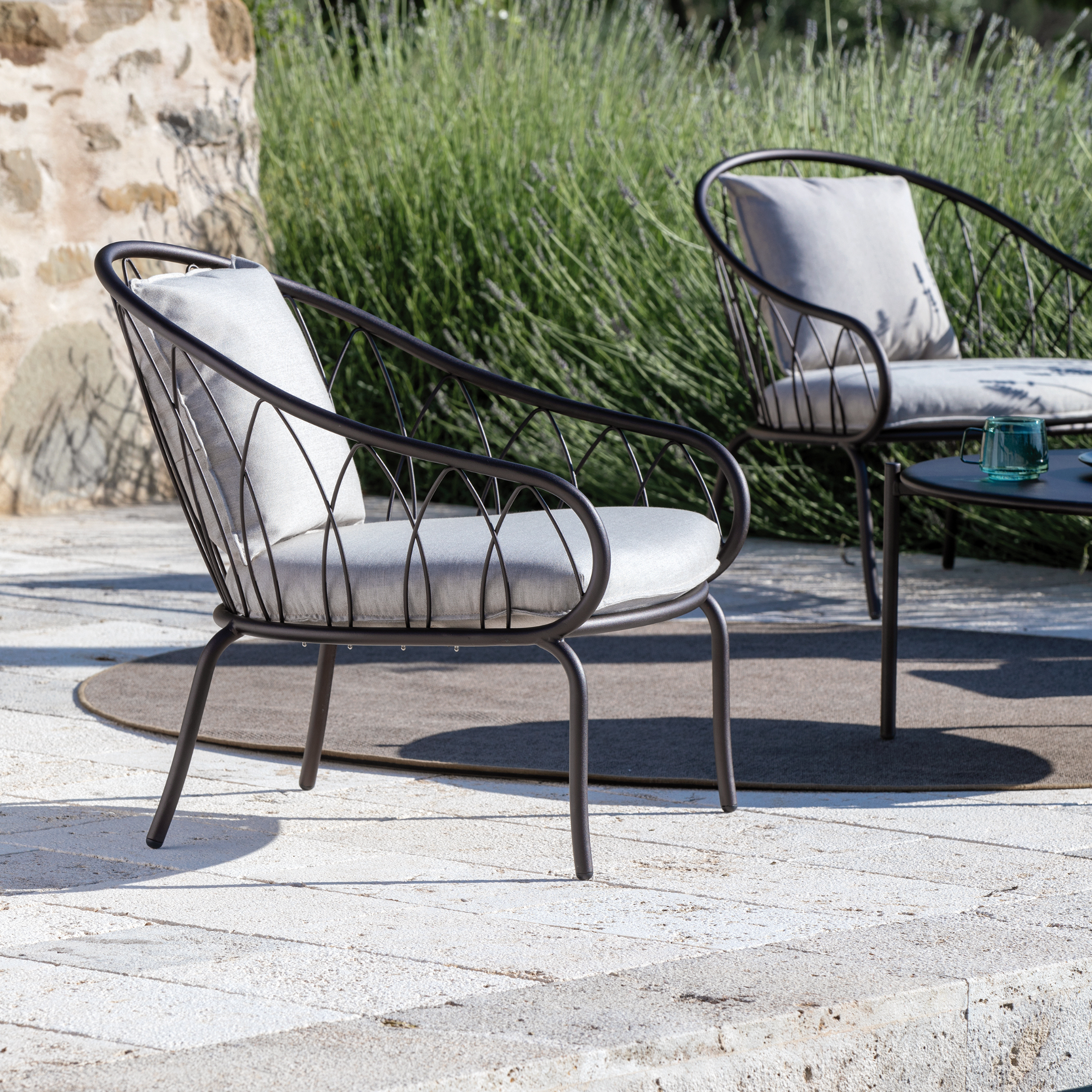 Low metal garden armchair "Flora" stackable lounge chair 75x75 cm 75h