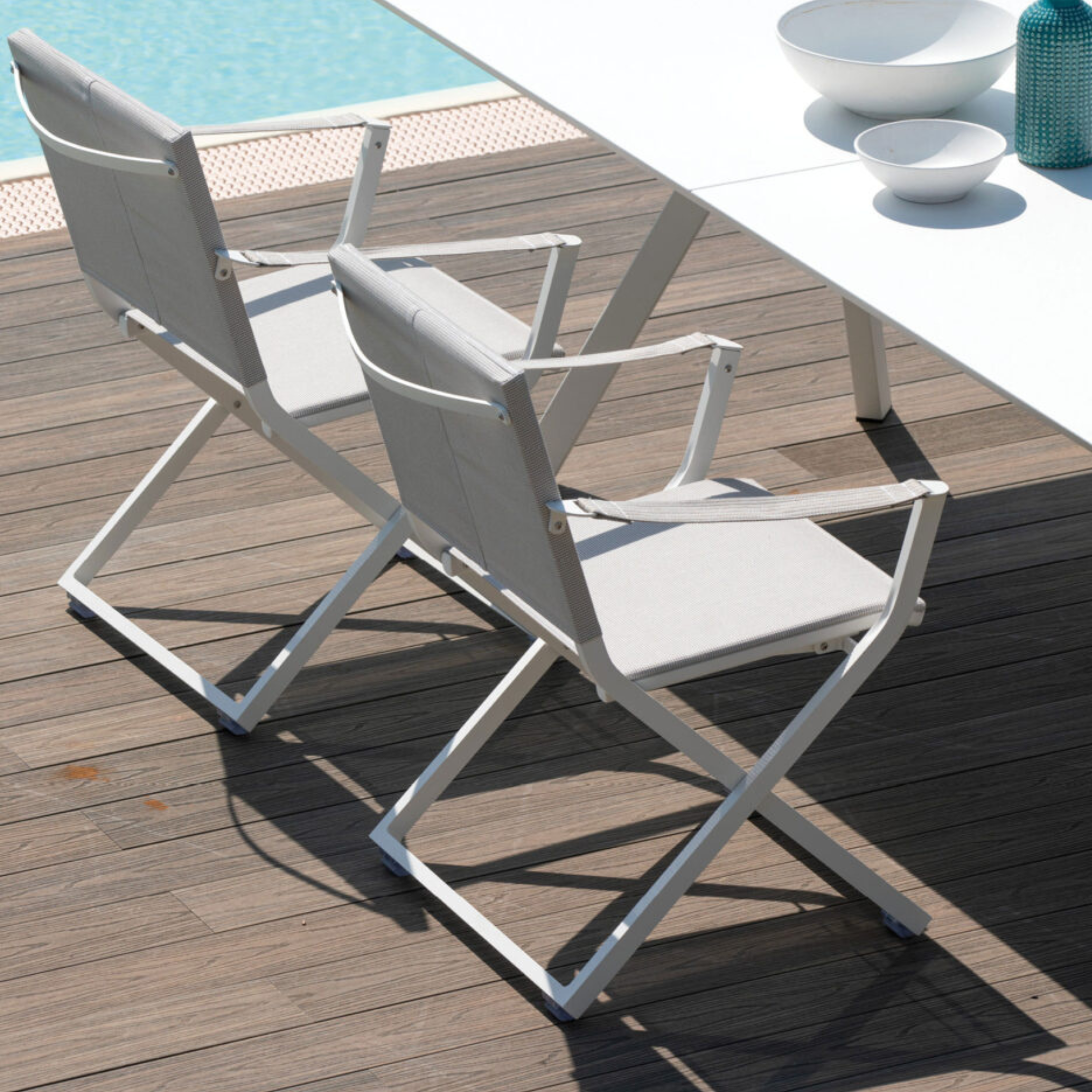 Set of "Fellini" folding garden chairs with fabric backrest and seat