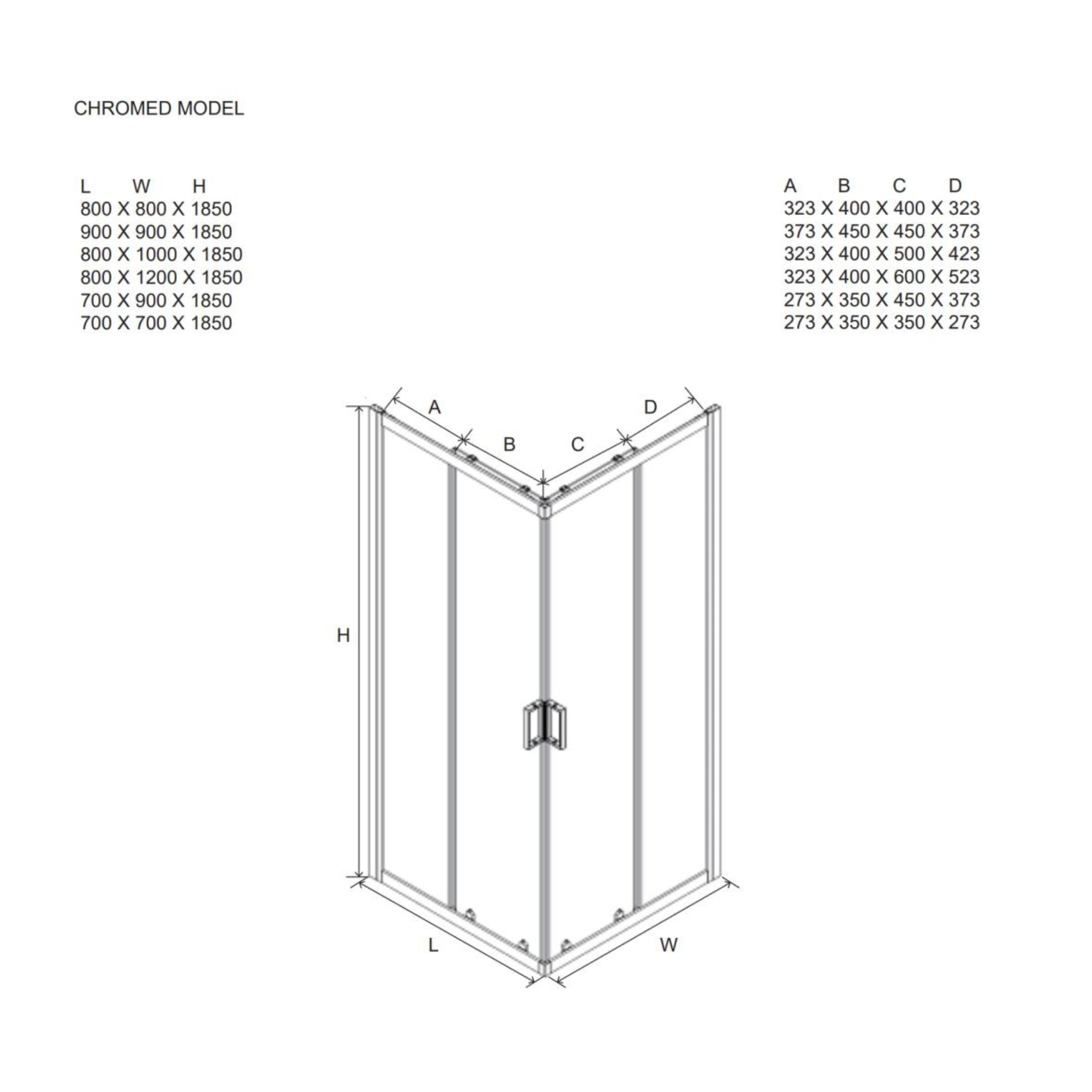 "Genova Two" square shower enclosure with sliding doors in opaque tempered glass, 185 cm high