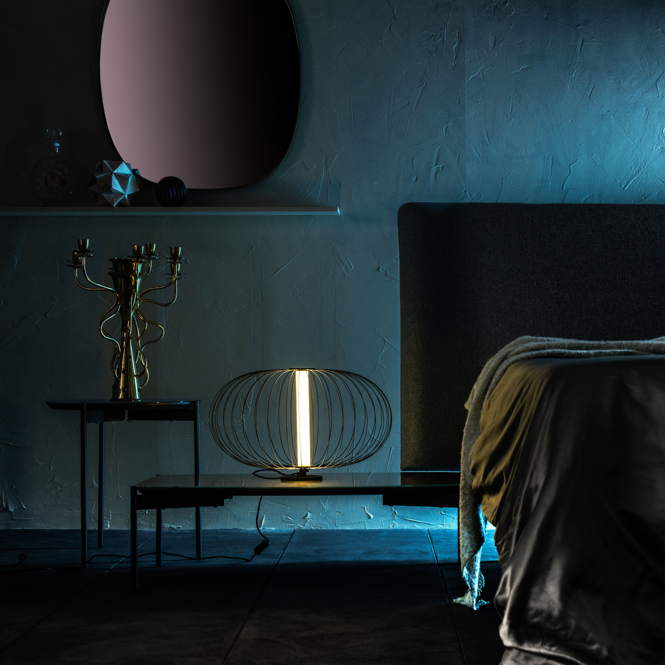 "Jaula" LED floor, table and hanging lamp with steel shade