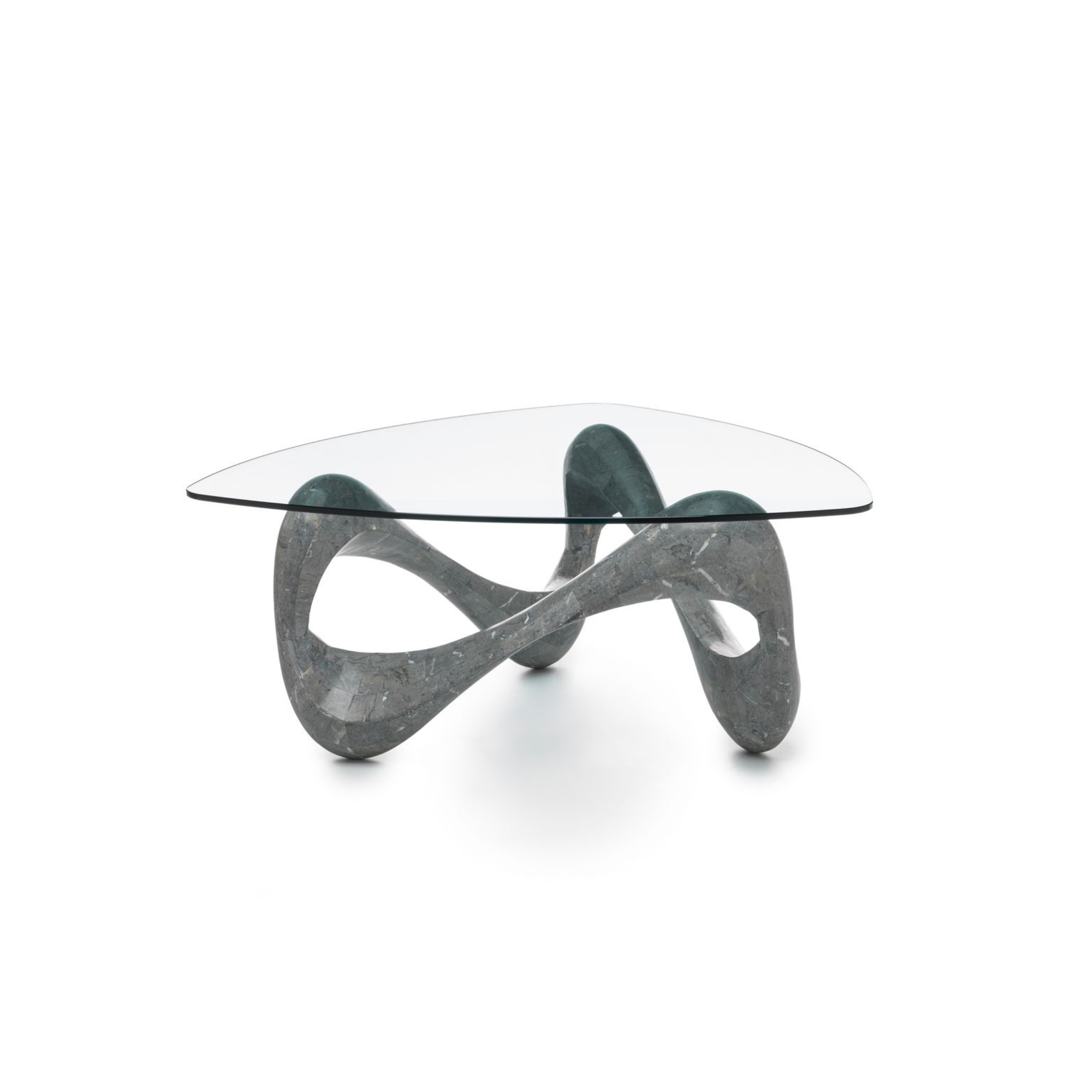 "Scarf" fossil stone coffee table with tempered glass top, 100x100 cm, 42.5 cm high.