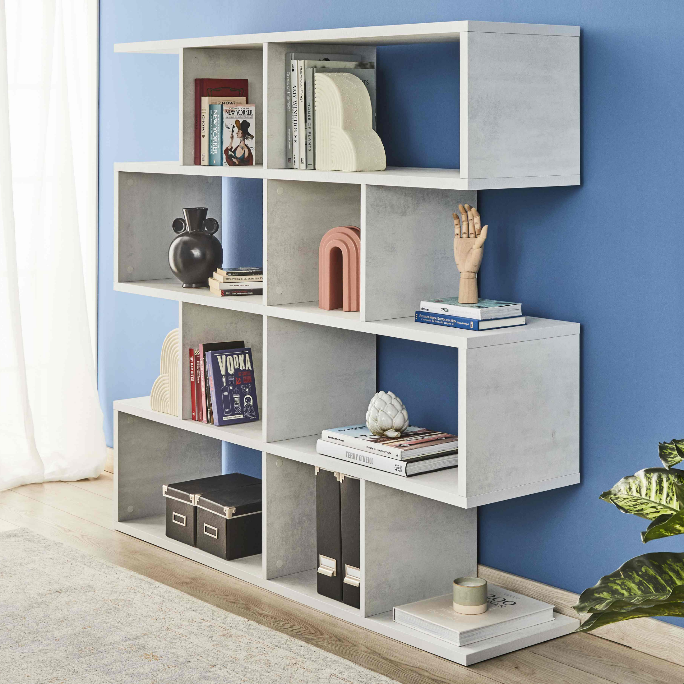 "Riflessioni" modular wooden dividing bookcase, 4 shelves, modern, 150x38 cm, 144 cm high