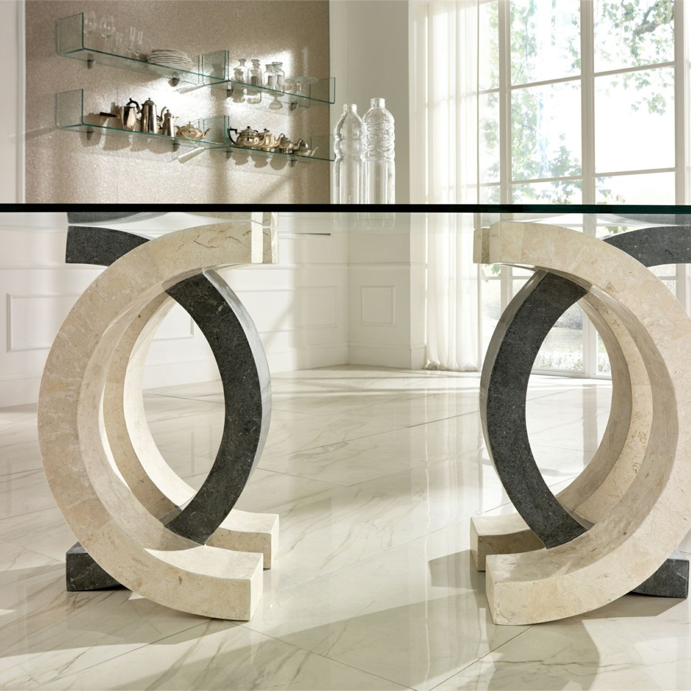 "Coco" stone dining table with tempered glass top, 180x100 cm, 76 cm high