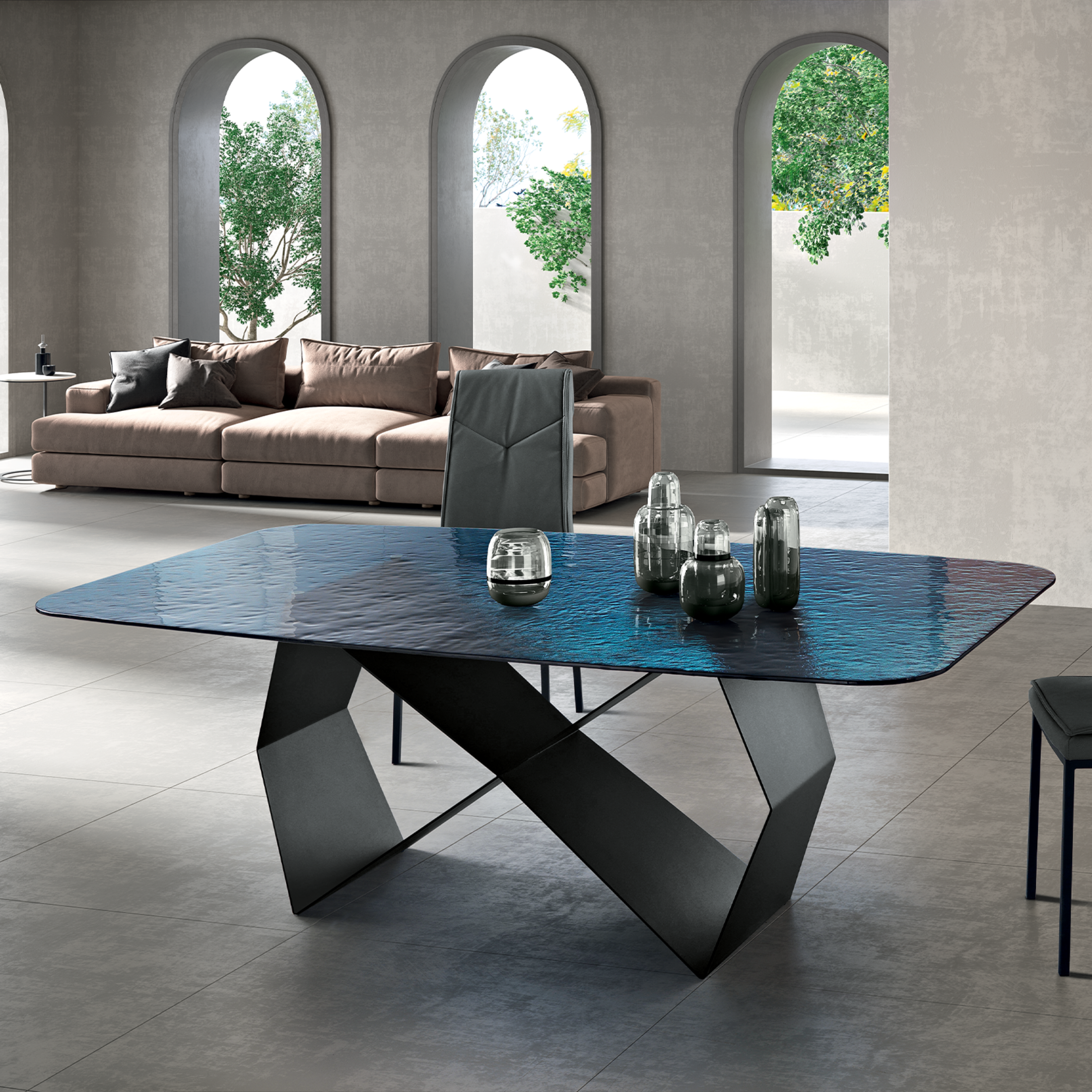 "Karlito" modern fixed table with painted metal base, 210x110 cm, 75 cm high.