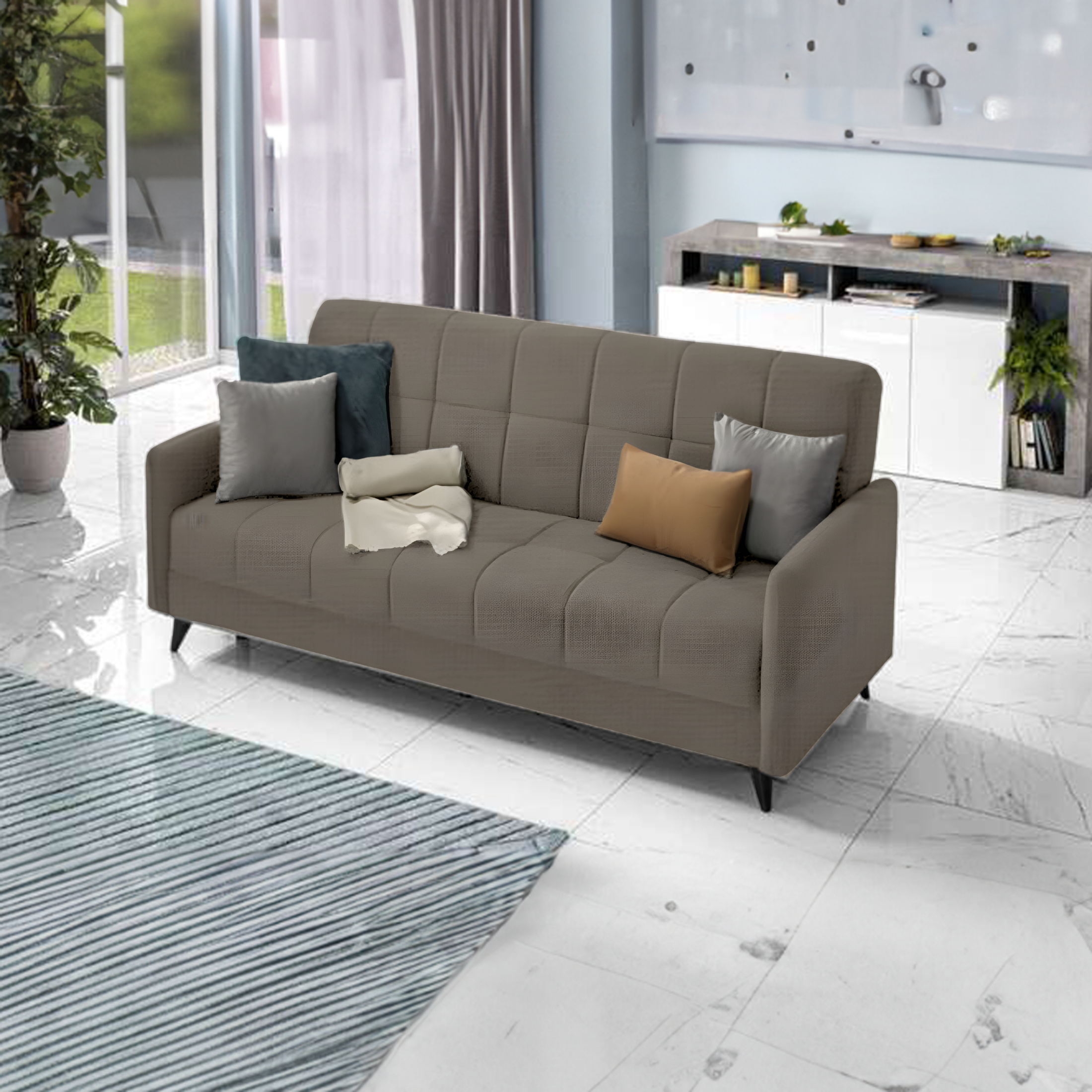 "Santi Bacos" 3-seater sofa bed with storage in velvet with 2 cushions, 211x92 cm, 98h