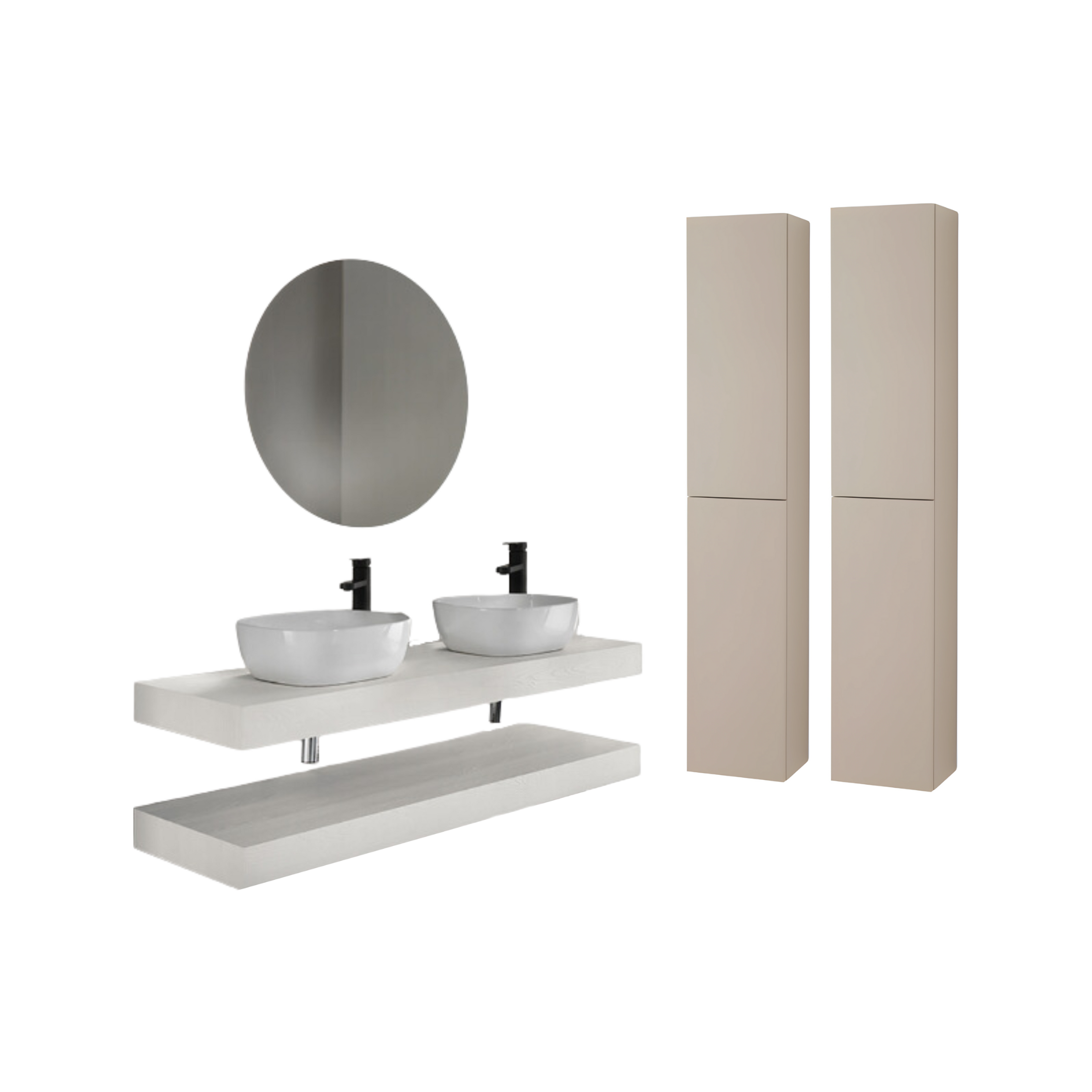 "Elion" suspended bathroom cabinet with 2 columns, 2 sinks, 2 LED mirror tops