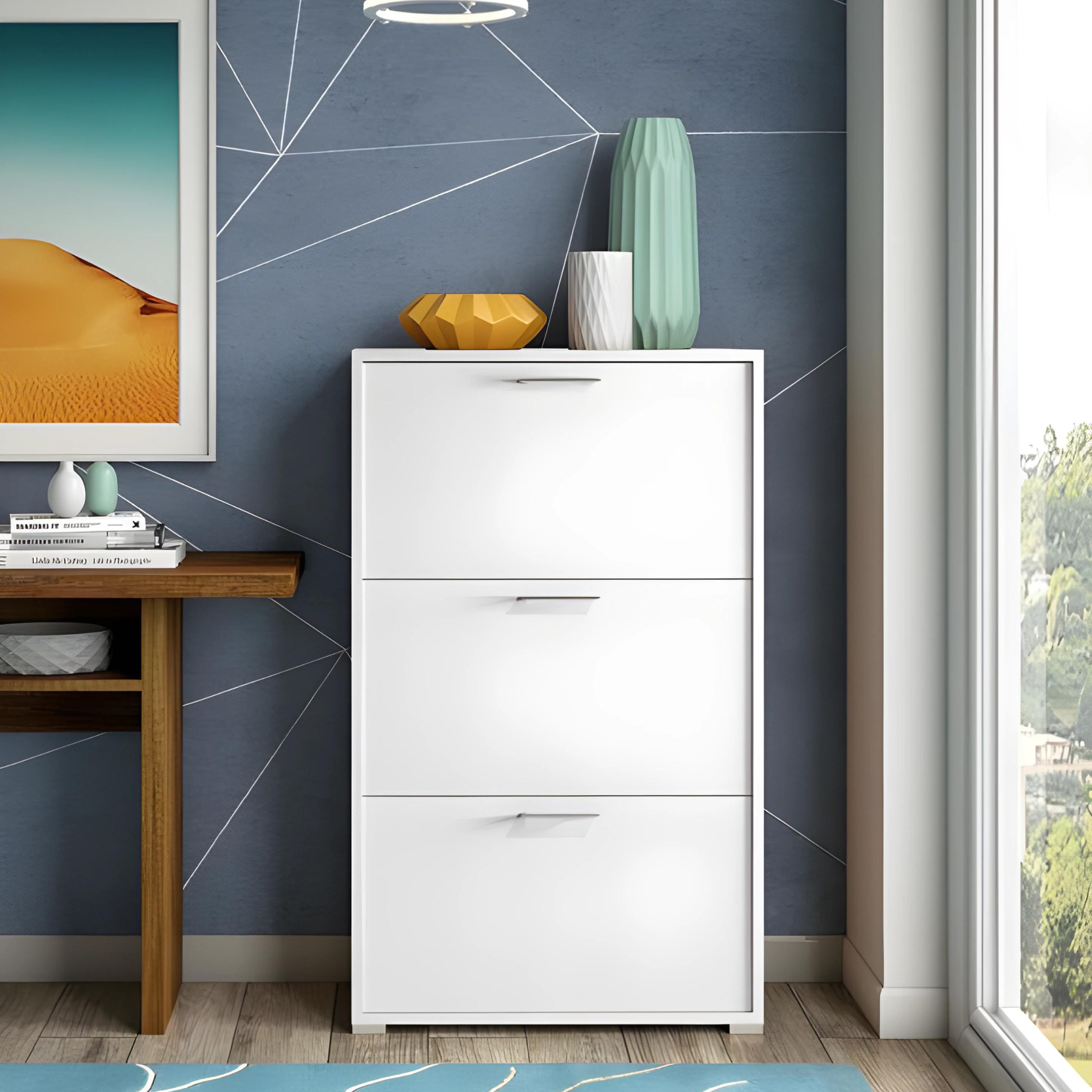 Shoe rack with 3 drop-down doors "Facile" glossy white wooden cabinet 65x25 cm 99.6h