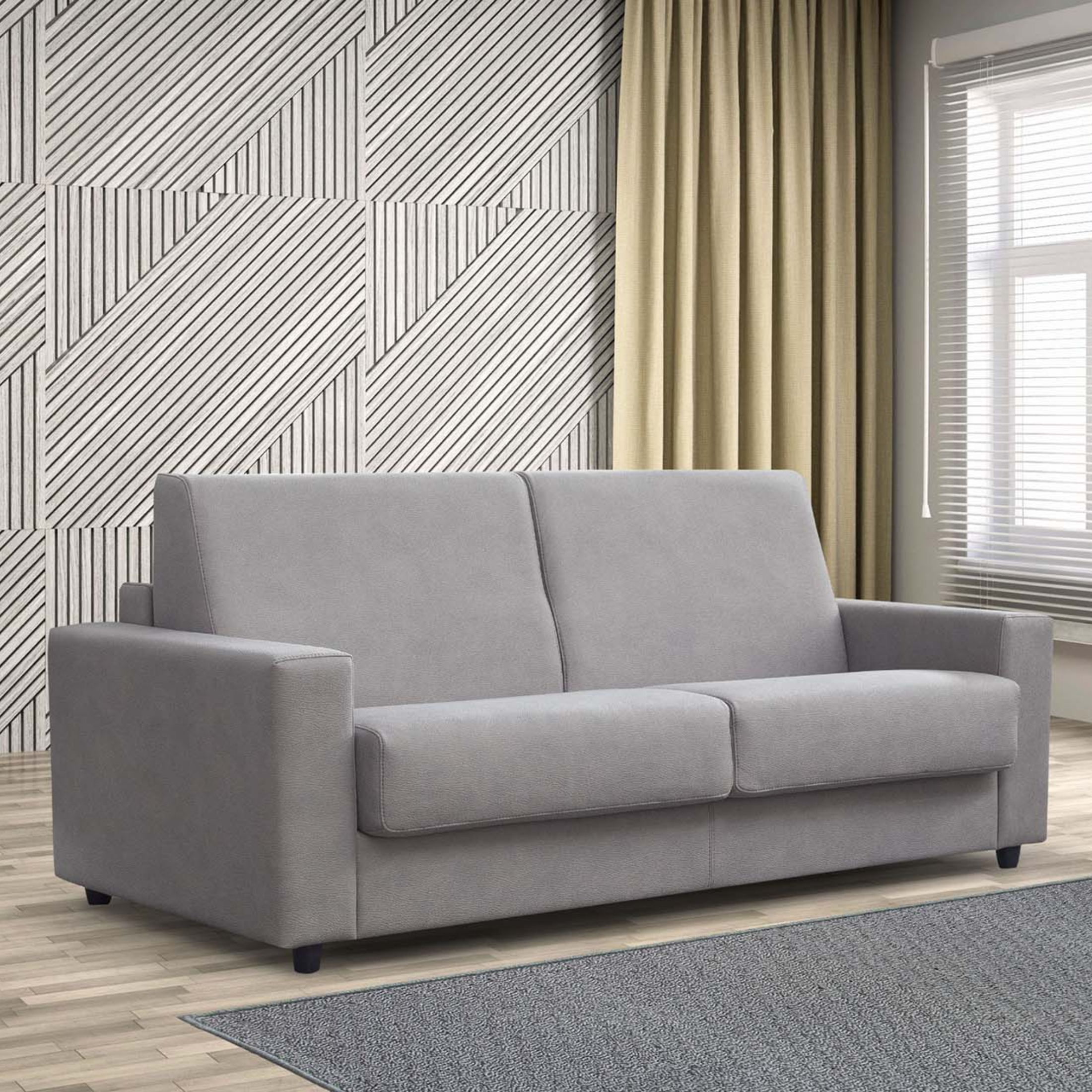 Modern "Queens" 3-seater sofa bed in microfibre and faux leather, 200x100 cm, 82 cm high.