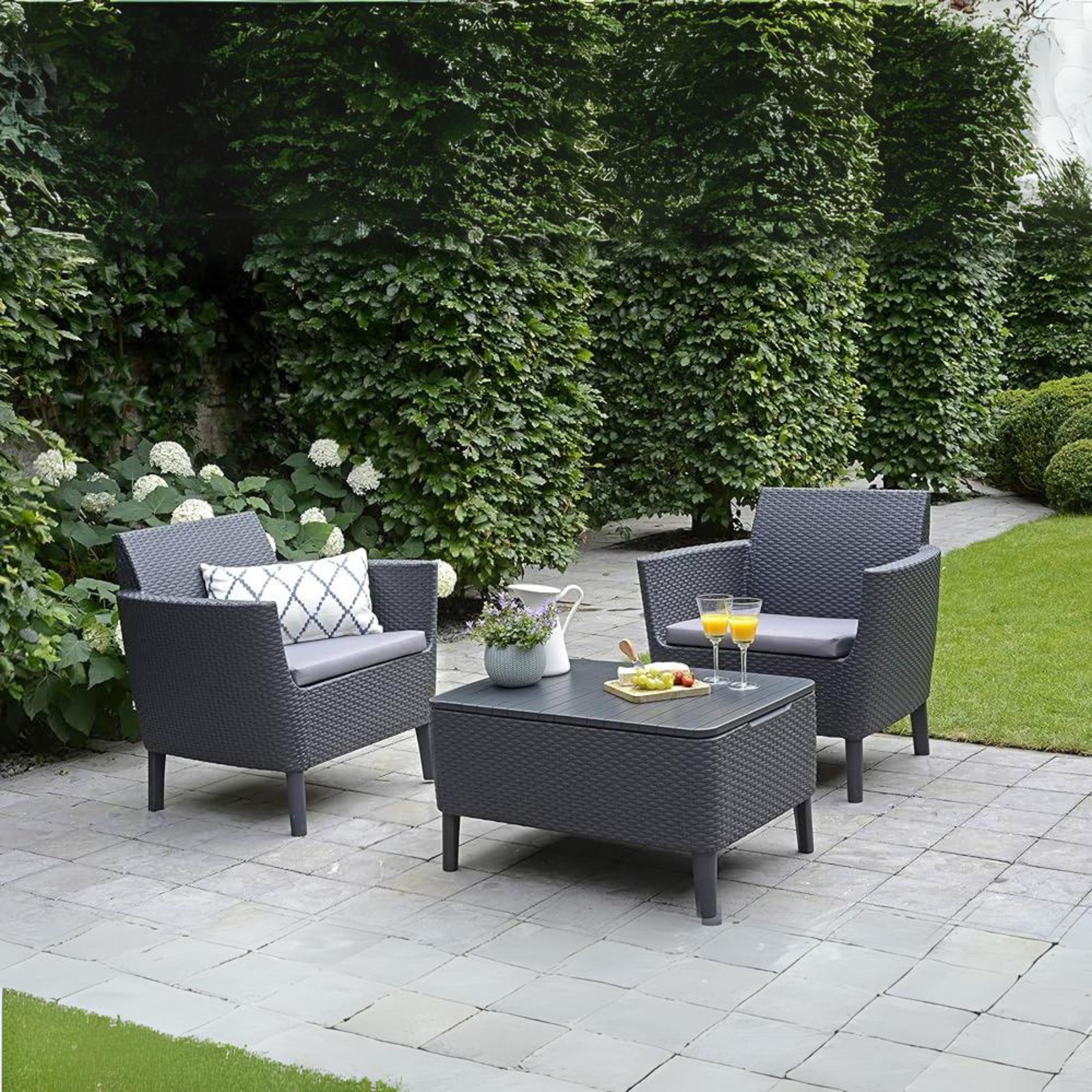 "Salemo Balcony" outdoor resin lounge set with 2 armchairs and a storage table