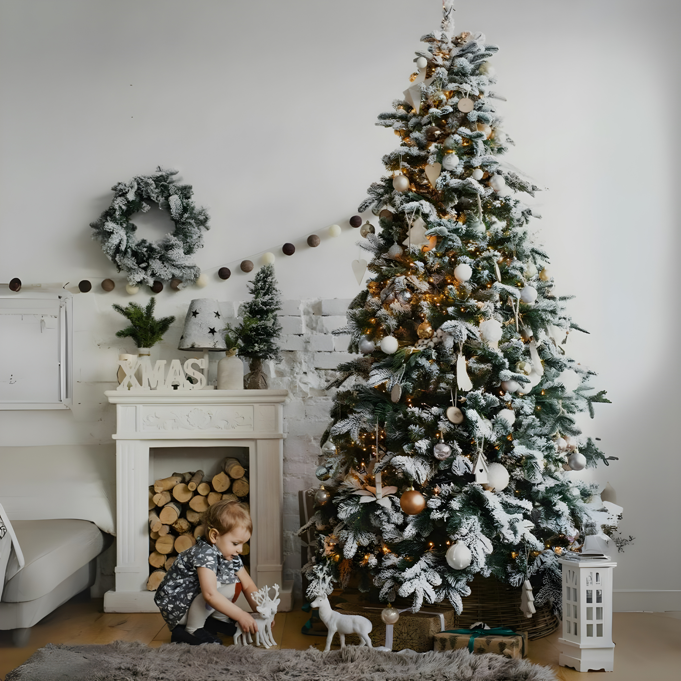 Modern snow-covered "Astro" Christmas tree with big LEDs in PE + PVC + Flock