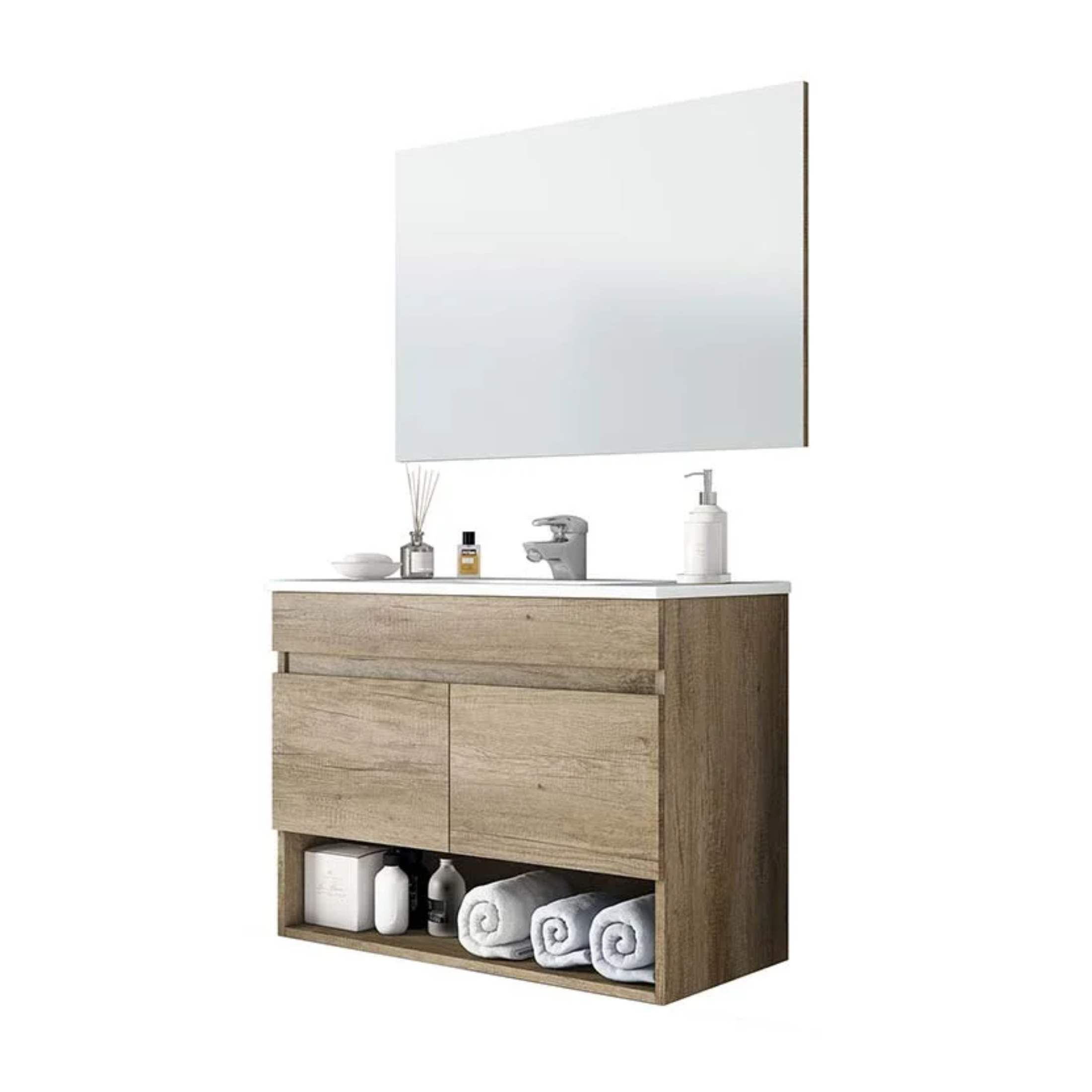 "Bali" suspended bathroom cabinet with 2 doors and mirror in Nordik oak wood