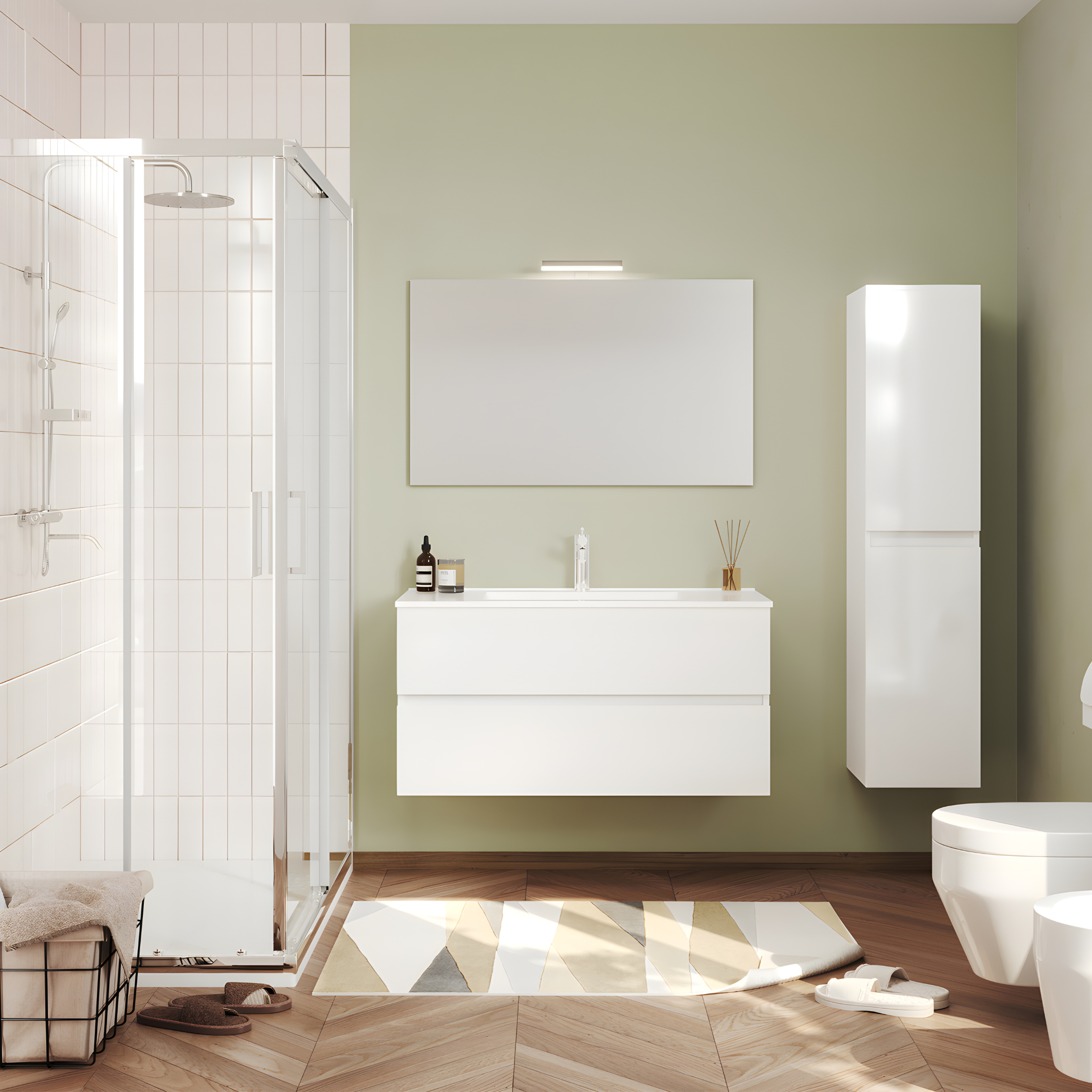 Modern wall-hung bathroom furniture "Tara" with 2 drawers, built-in sink and LED mirror