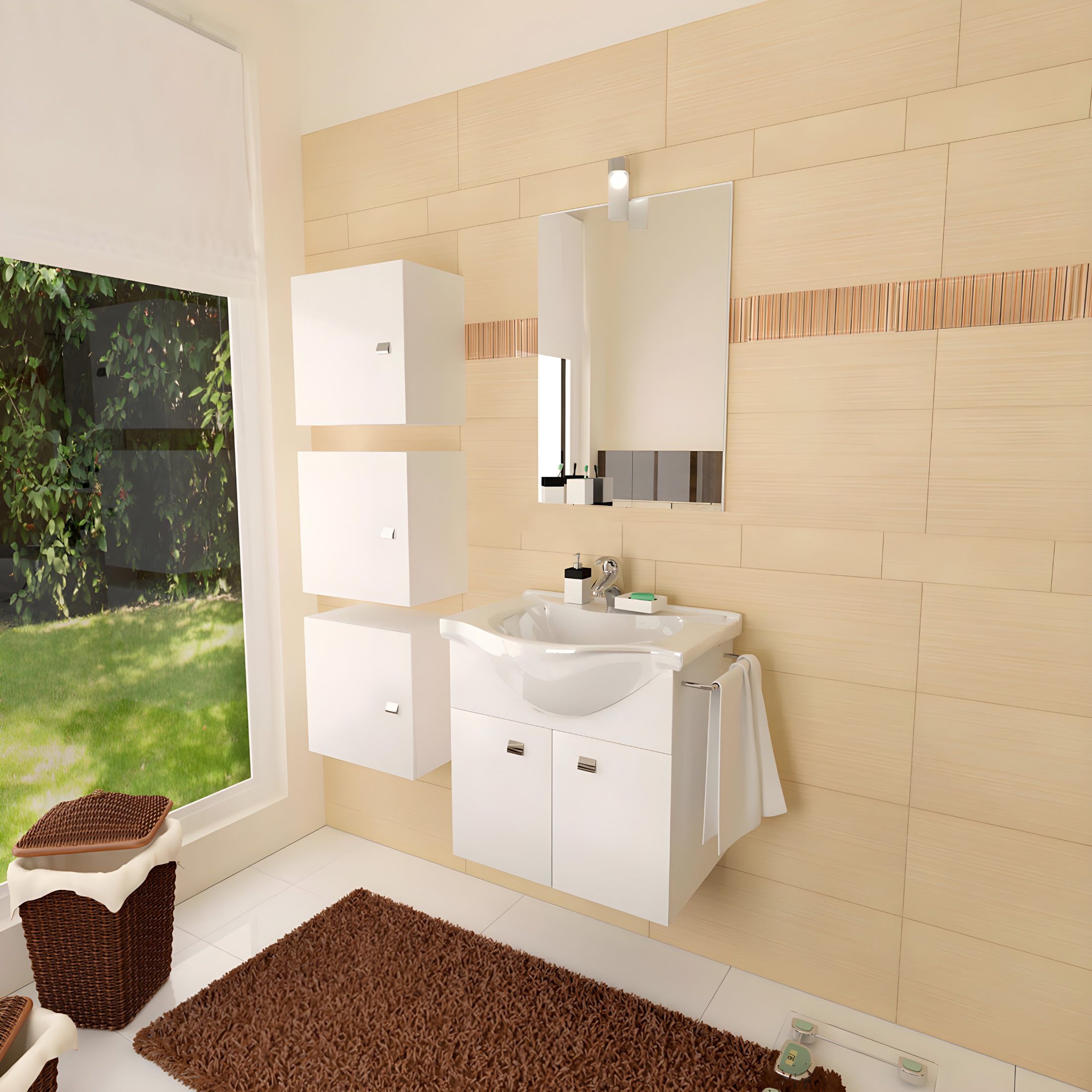 "Moa55" wall-hung bathroom cabinet with console sink and doors with chrome handles and LED mirror