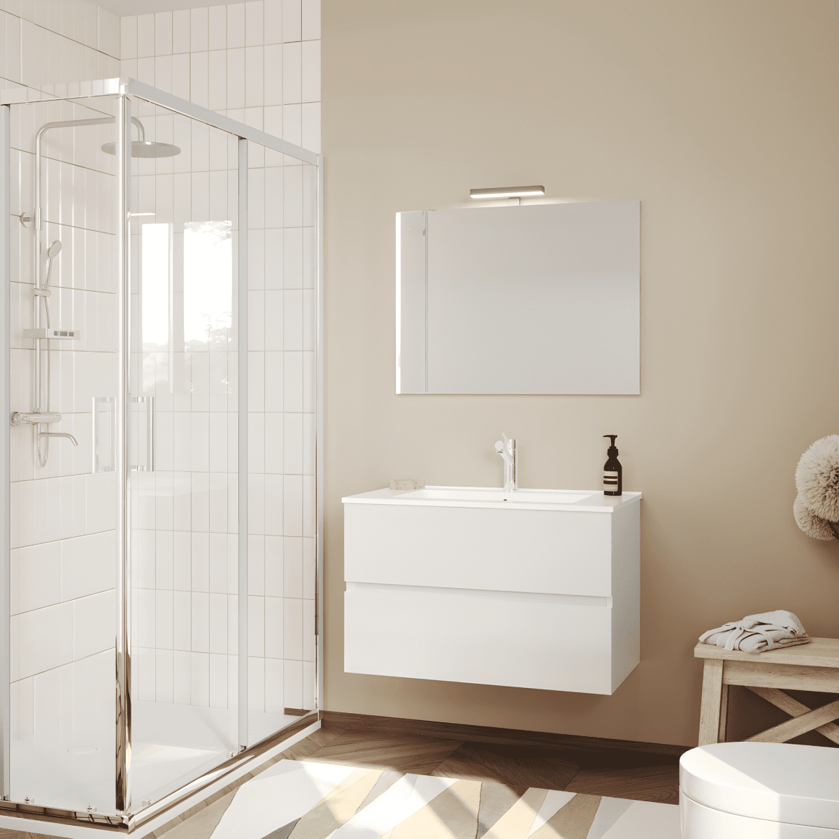 Mobili da bagno sospeso moderno "Tara" con 2 cassetti , lavabo da incasso e specchio LED - MondoViro