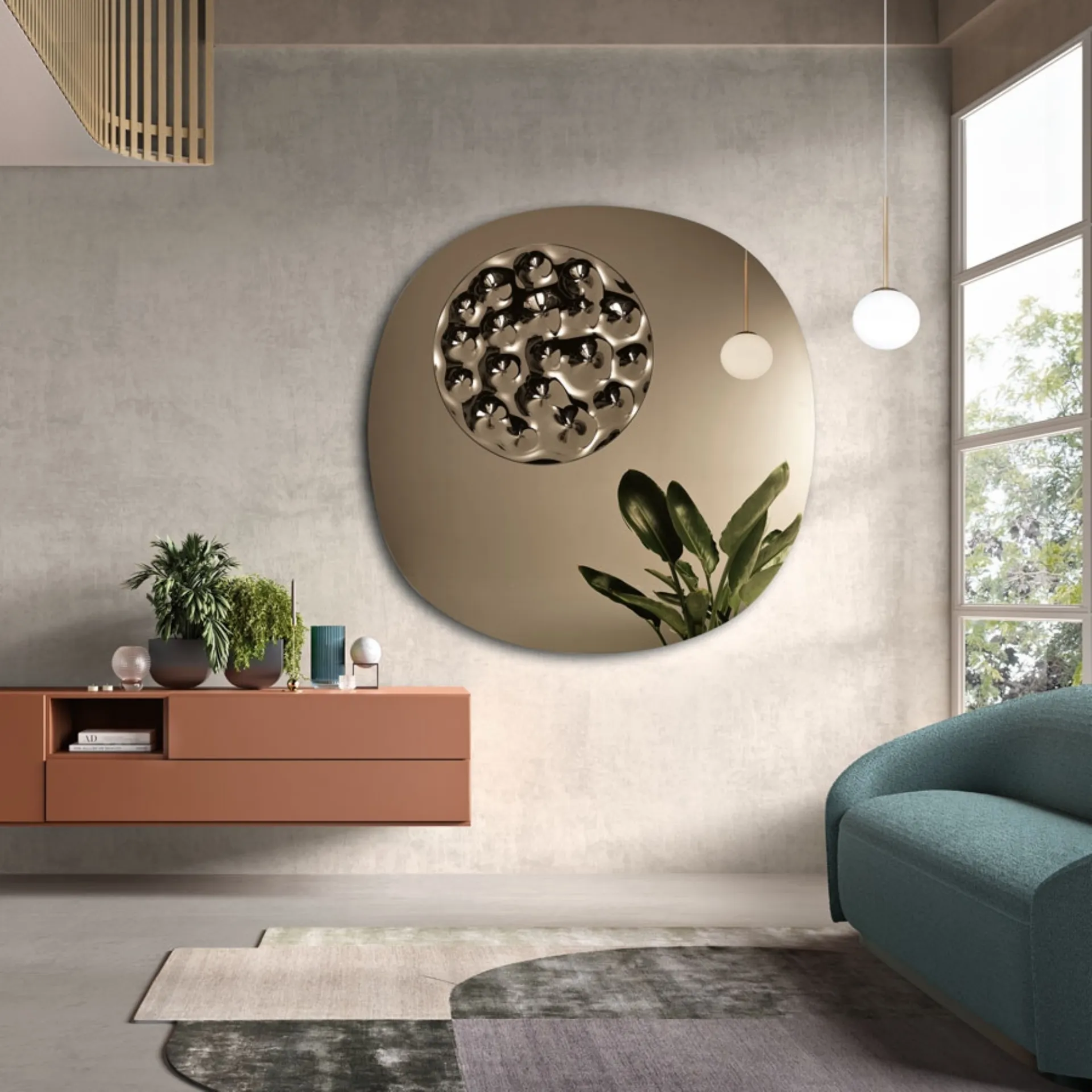 Modern living room mirror "Jacob" shaped with a curved glass insert