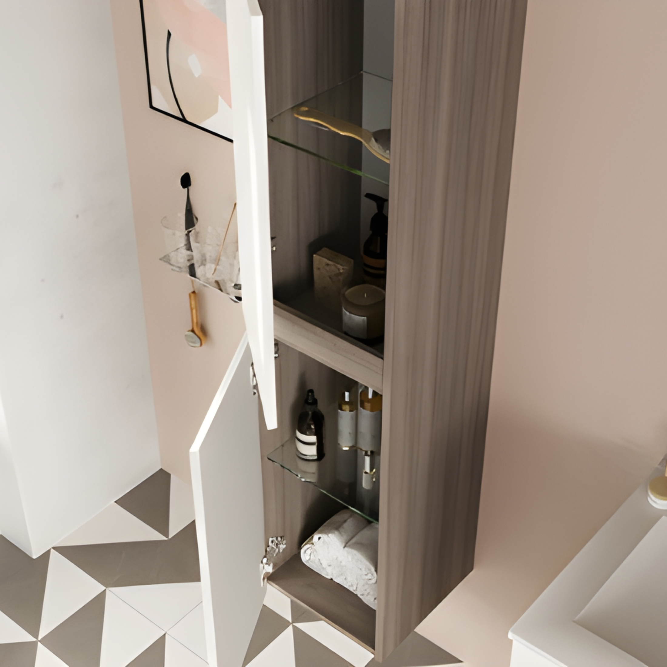 Mobile bagno sospeso moderno "Sara" in legno con 2 cassetti lavabo e specchio LED