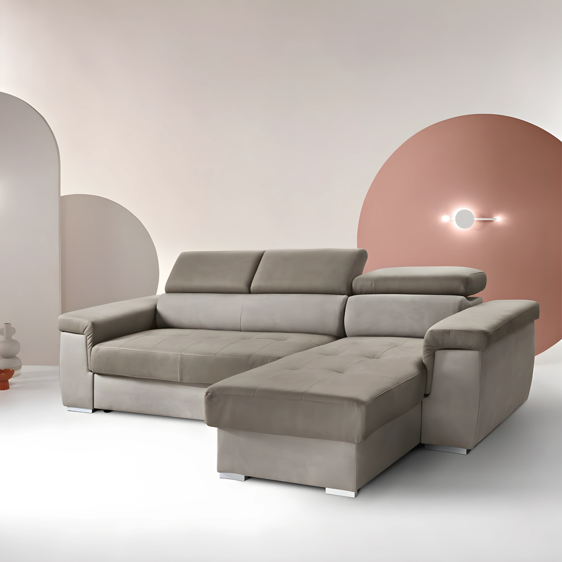 "Mousse" nubuck corner sofa with adjustable headrests and pull-out bed