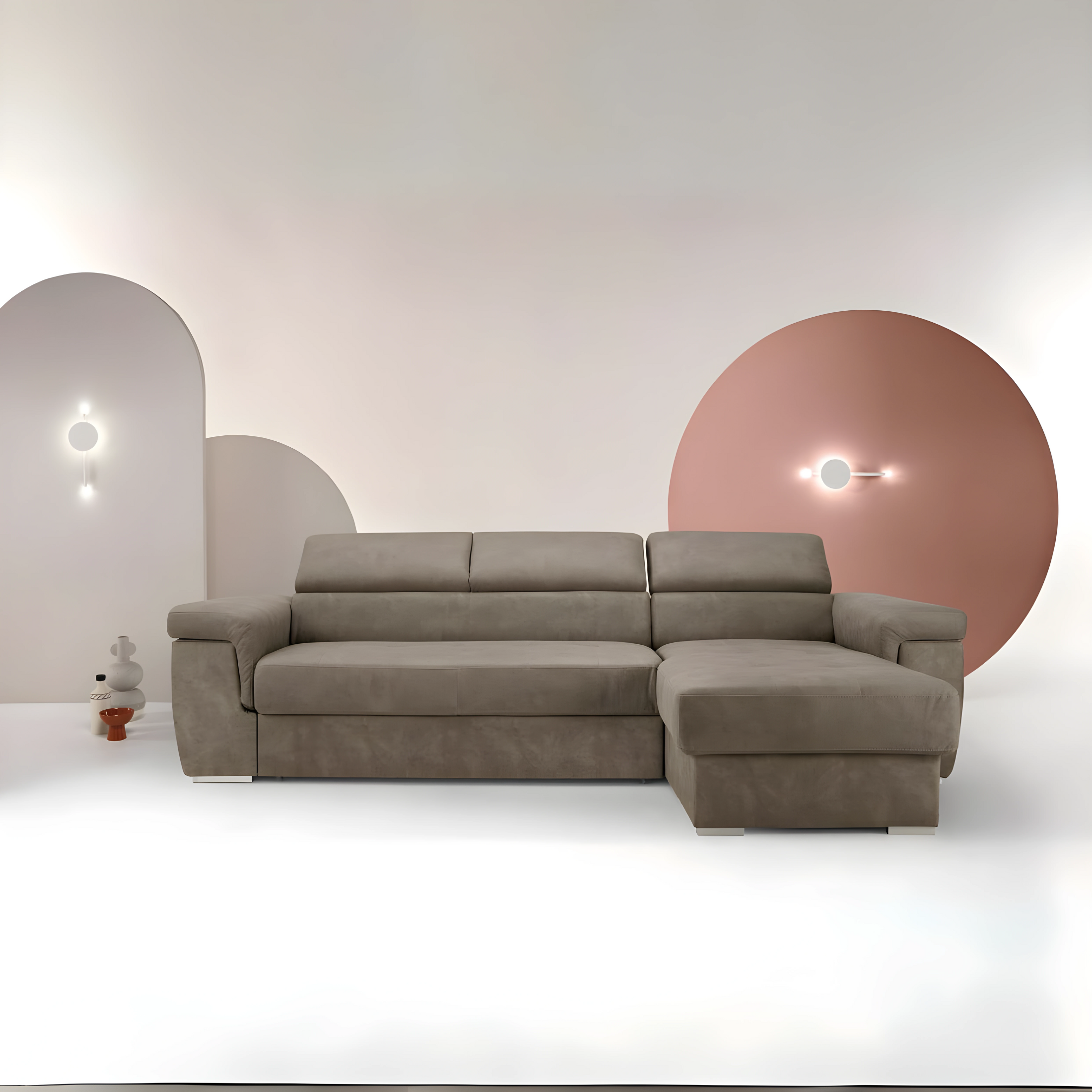 "Mousse" nubuck corner sofa with adjustable headrests and pull-out bed