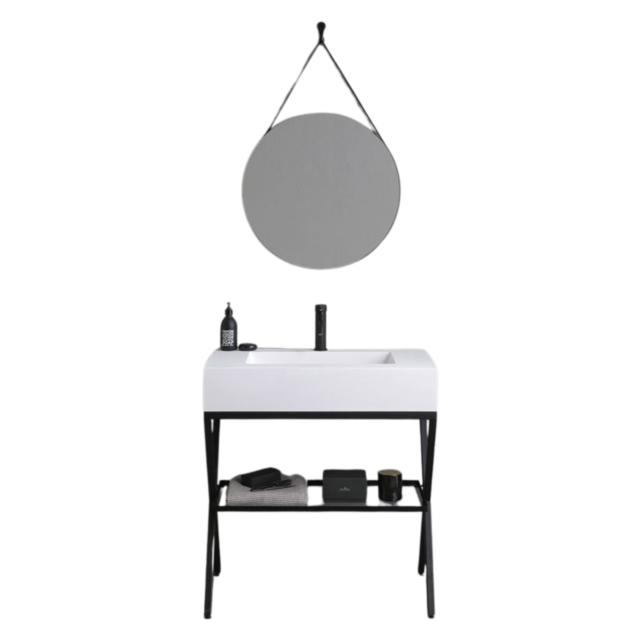 Mobile bagno a terra "Cancún" 80 cm con il lavabo in resina bianco e specchio rotondo con laccio in pelle