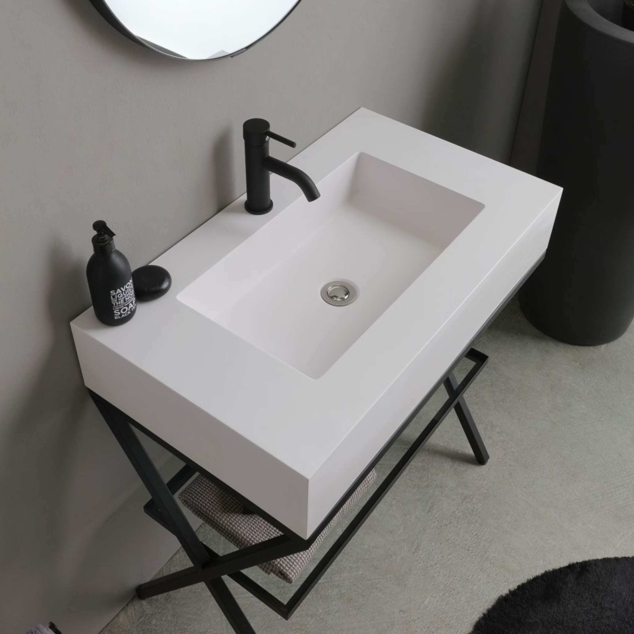 "Cancun" 80cm floor-standing bathroom cabinet with white resin sink and round mirror with leather strap