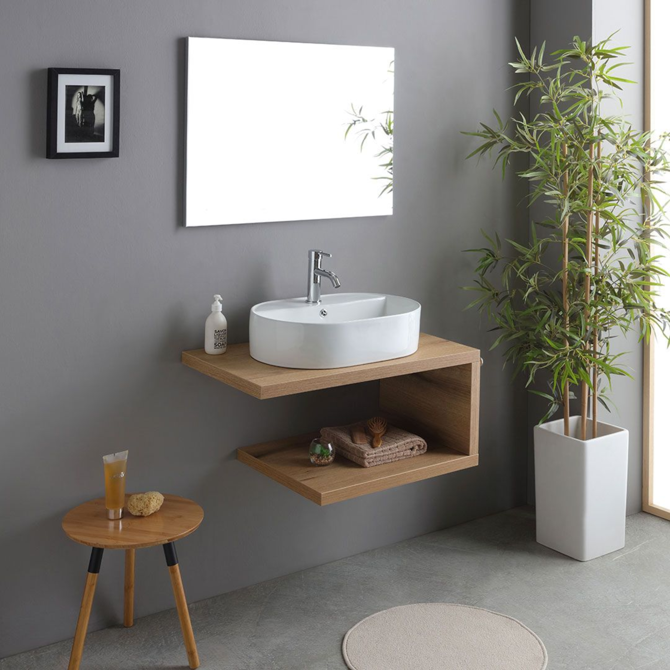 "Cipro" 80 cm wall-hung bathroom cabinet in natural oak with white oval ceramic sink and mirror