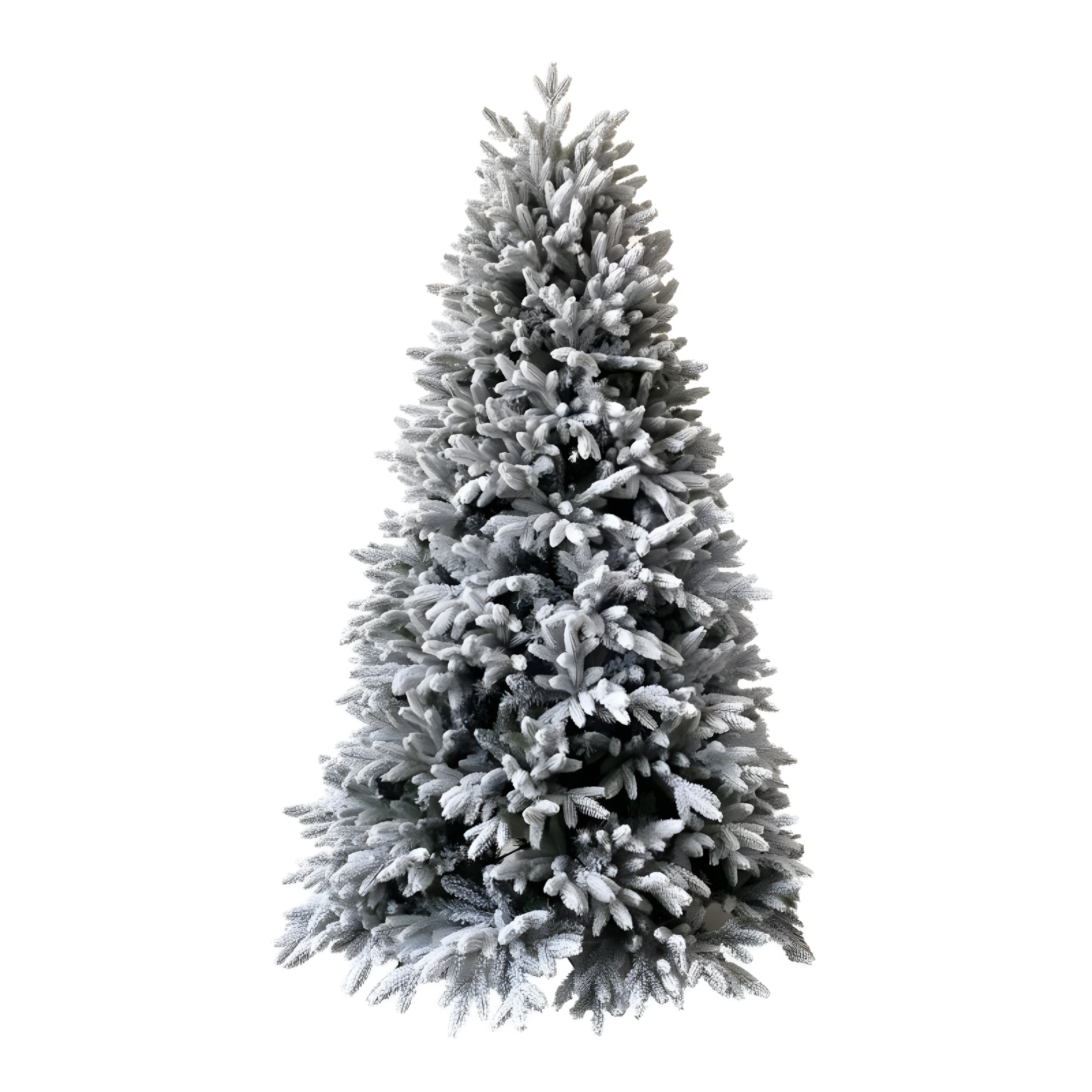 Slim modern snow-covered "Comet" Christmas tree in PE with Real Touch + Flock effect