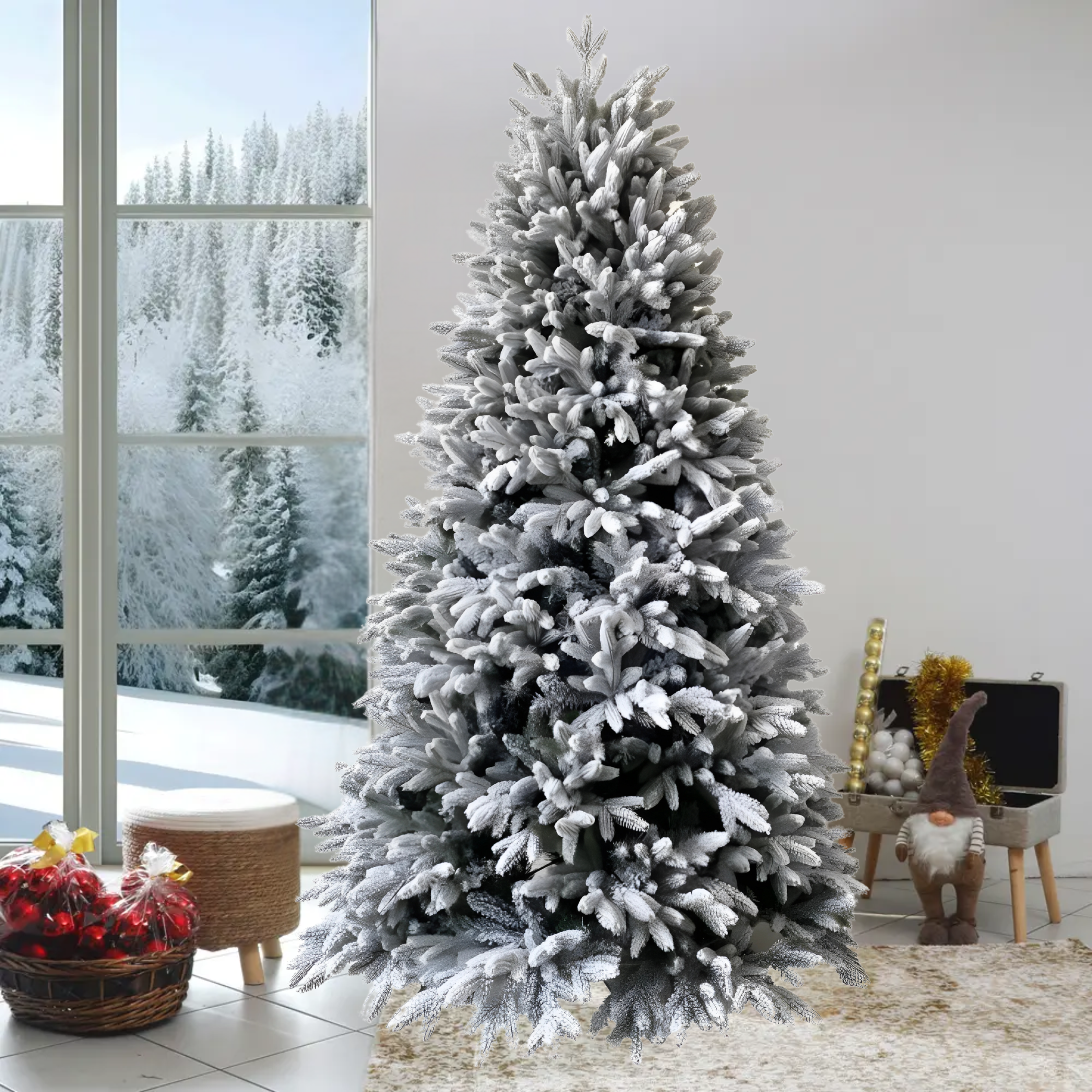 Slim modern snow-covered "Comet" Christmas tree in PE with Real Touch + Flock effect