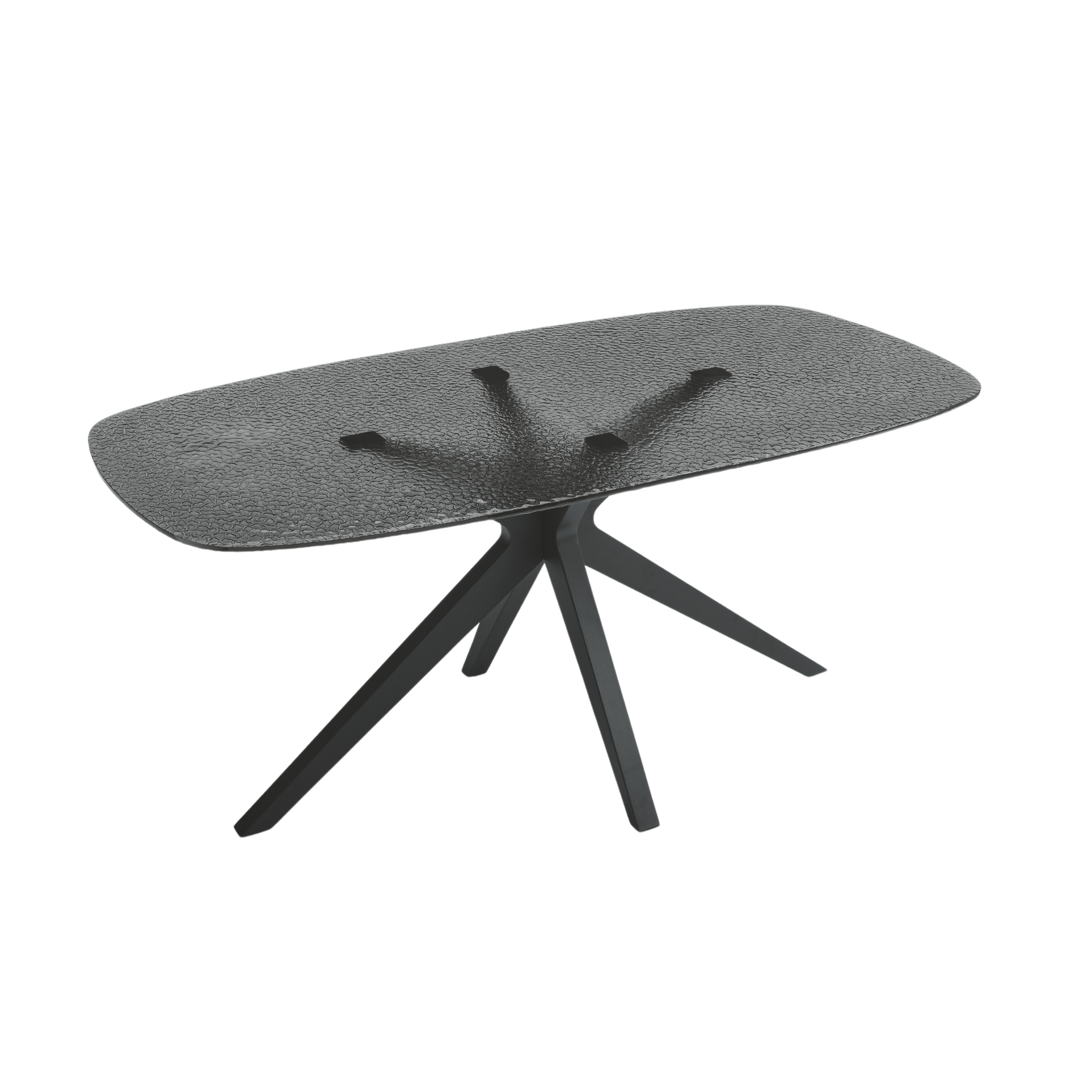 "Eivissa" modern fixed table with smoked hammered glass top and metal base