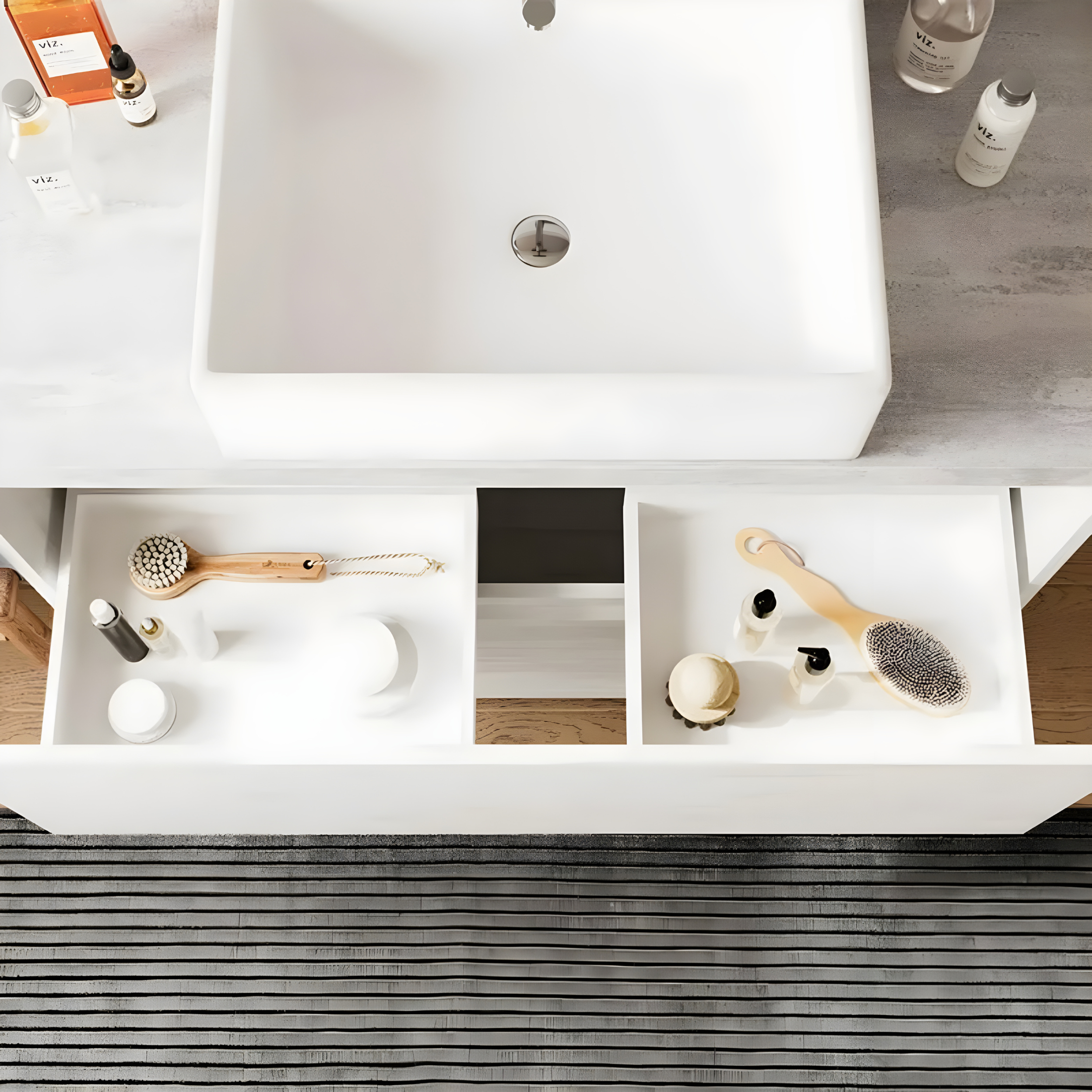 Modern wooden bathroom cabinet "Elorin" with LED mirror top and countertop sink
